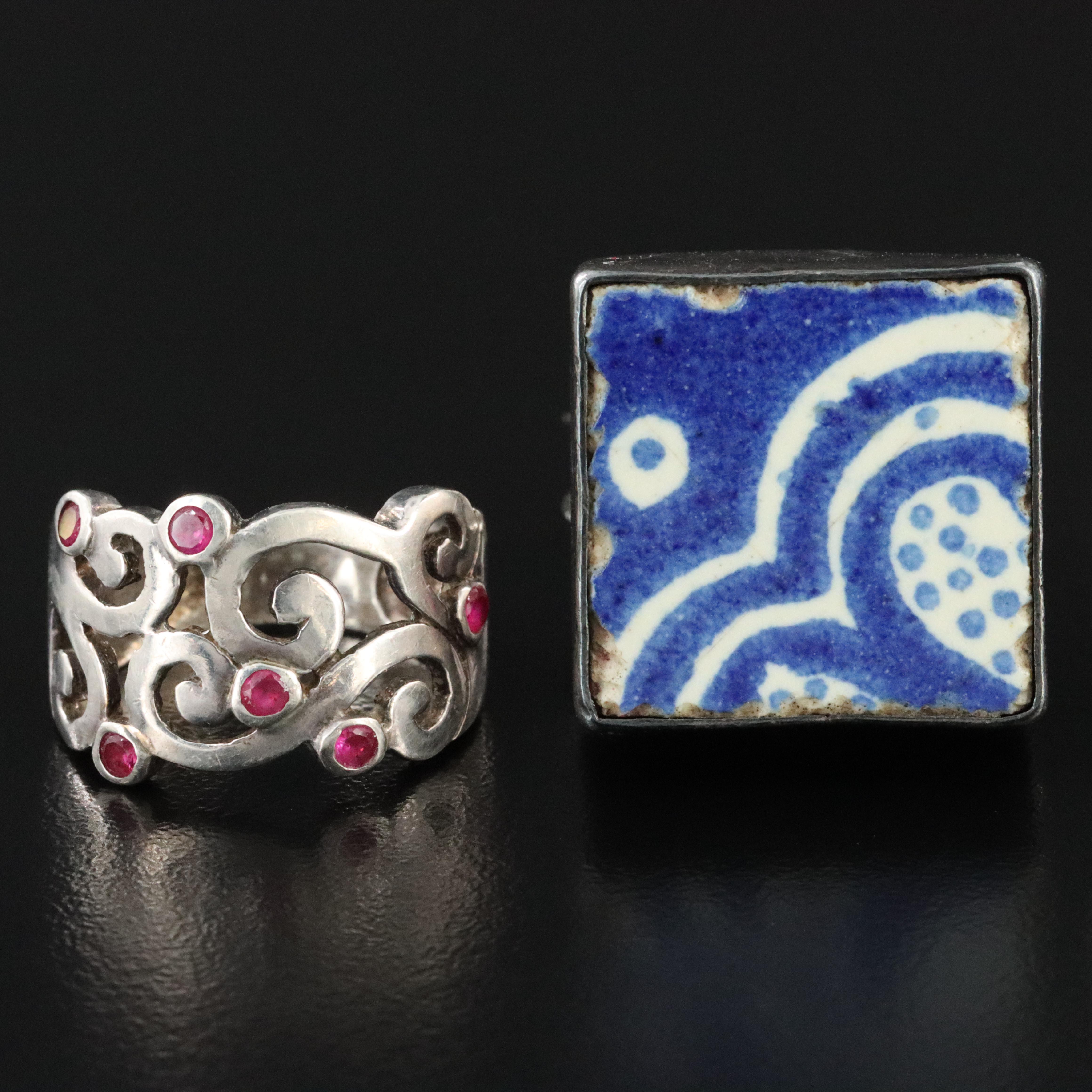 Echo of the Dreamer and Ceramic Featured in Sterling and Fine Silver Rings