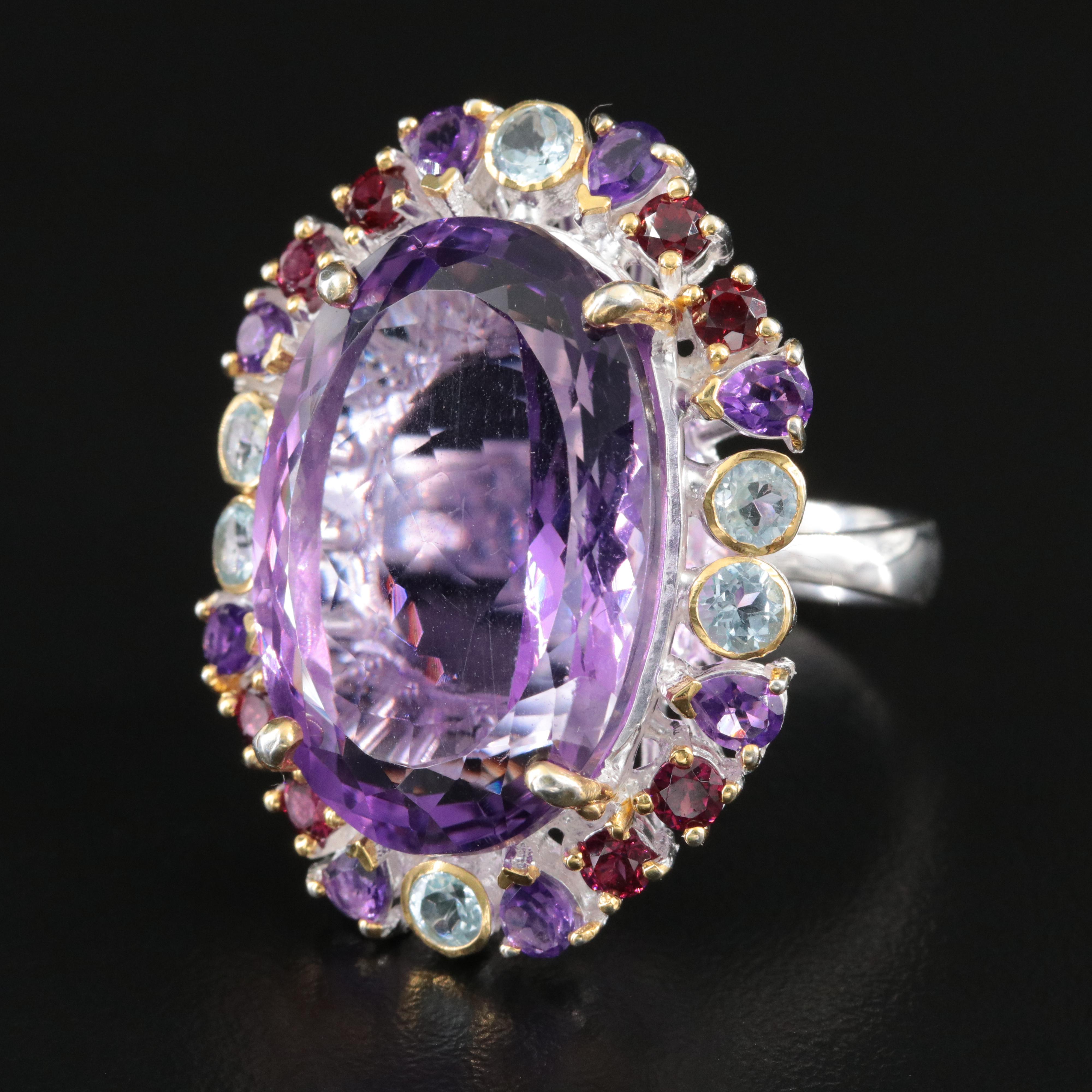 Sterling Amethyst, Blue Topaz and Garnet Ring