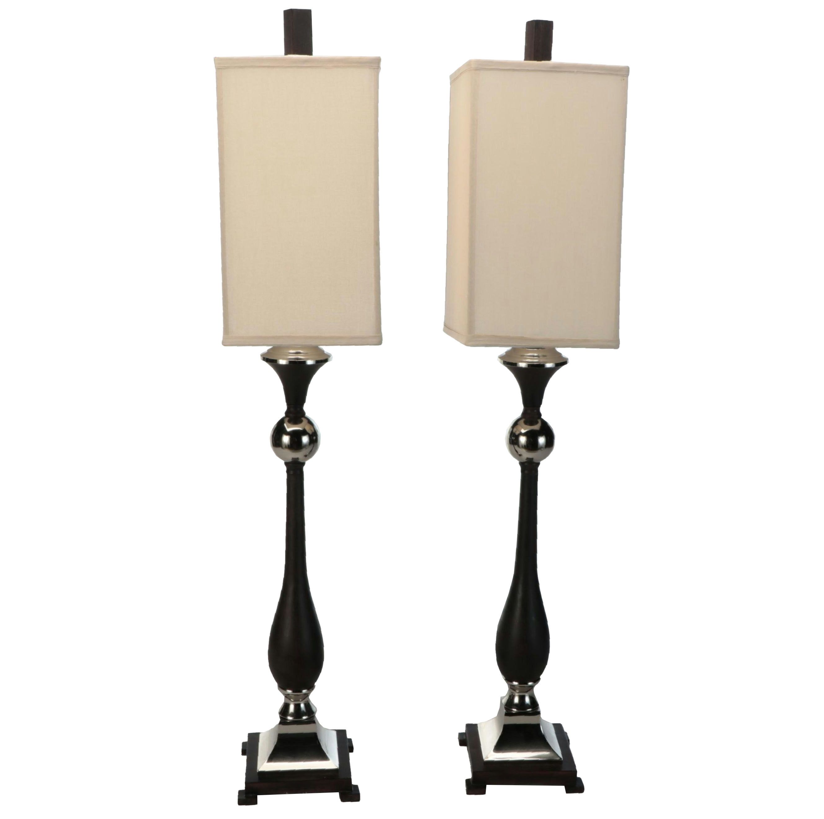 Uttermost "Valstrona" Chrome and Wood Console Lamps with Tall Cube Silk Shades