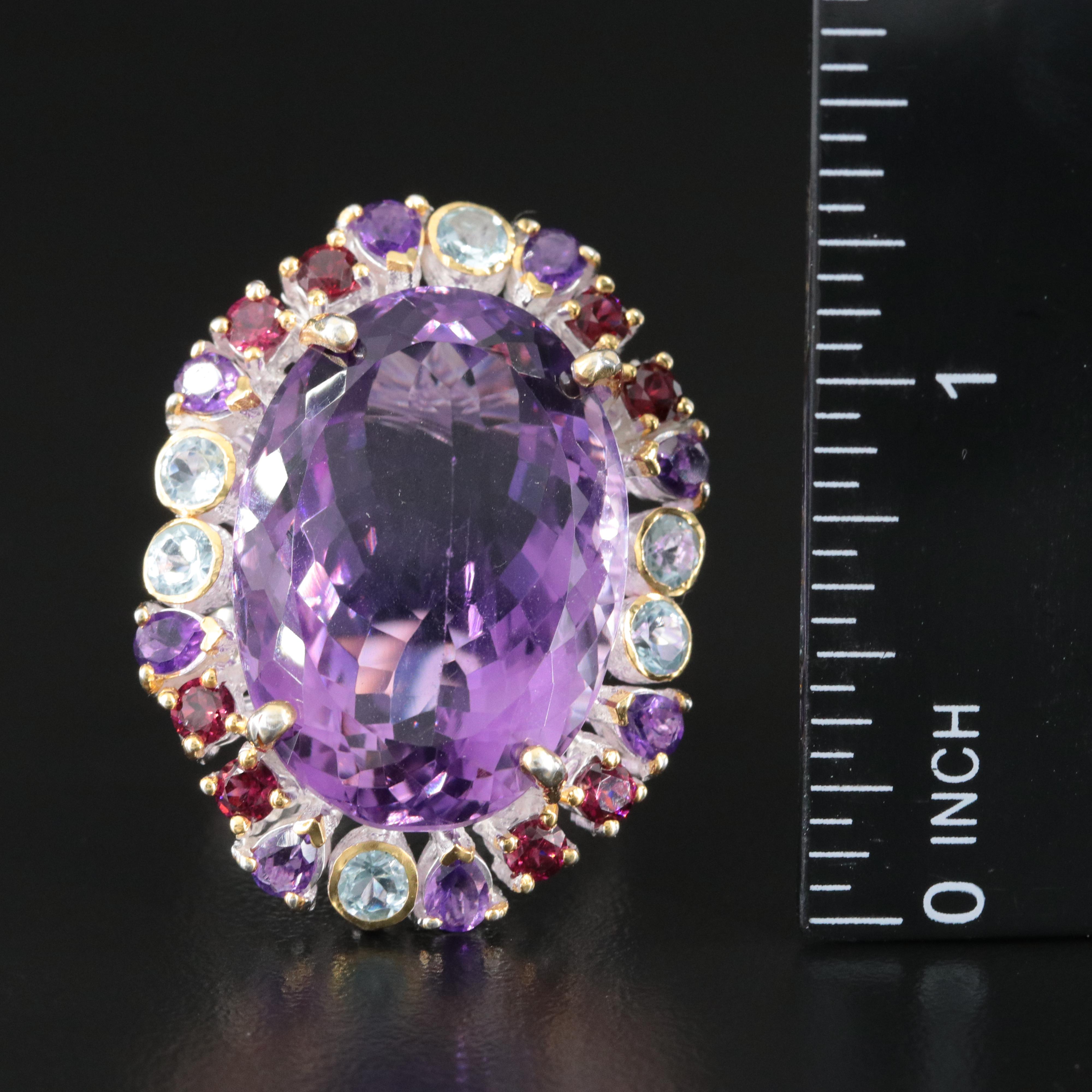 Sterling Amethyst, Blue Topaz and Garnet Ring