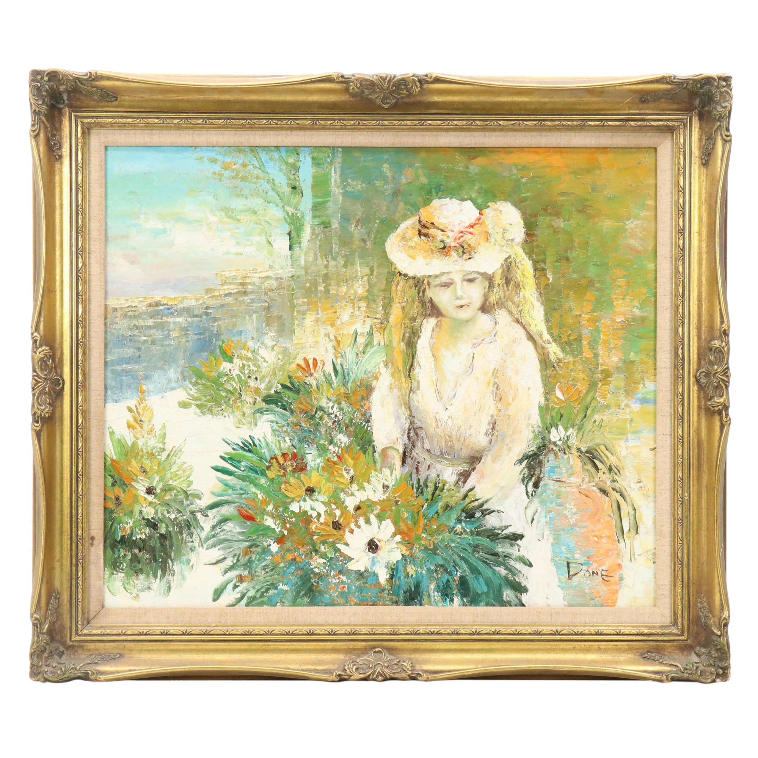 Impressionistic Style Oil Painting of Figure in Floral Landscape