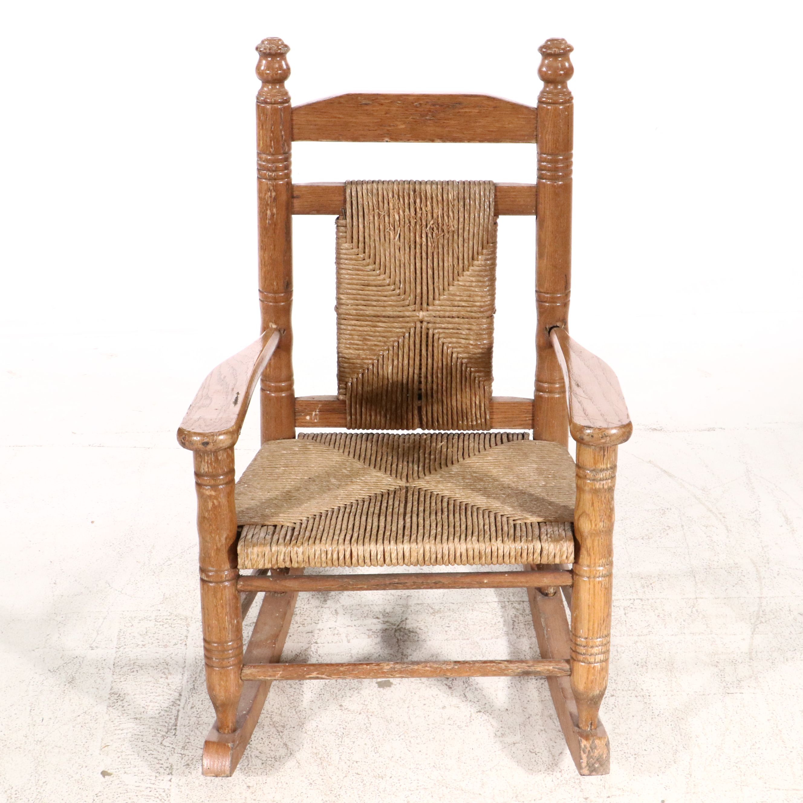Children's Oak Rocking Chair with Woven Back and Seat, 20th Century