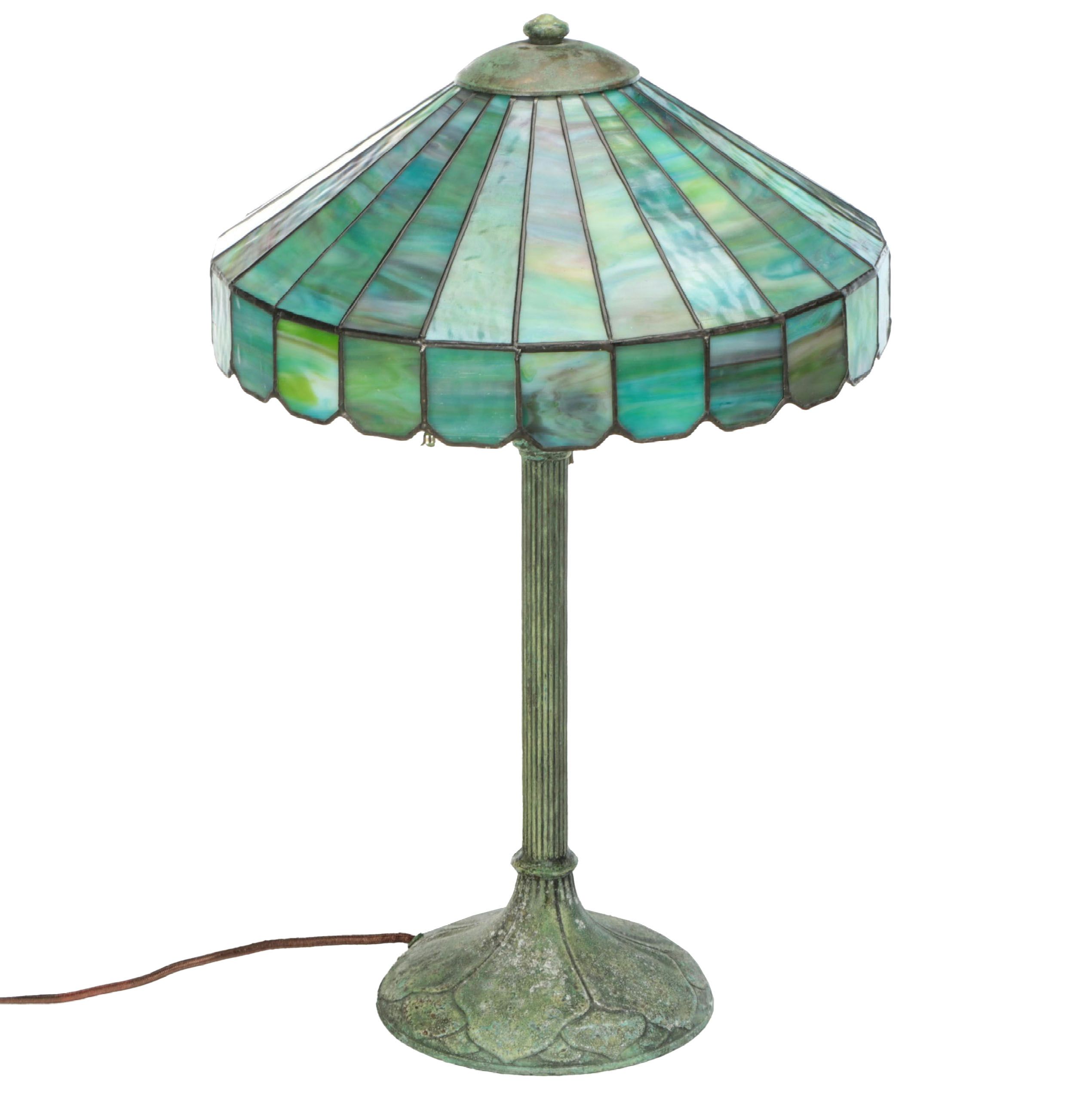 Arts and Crafts Style Verdigris Metal Table Lamp with Slag Glass Panel Shade