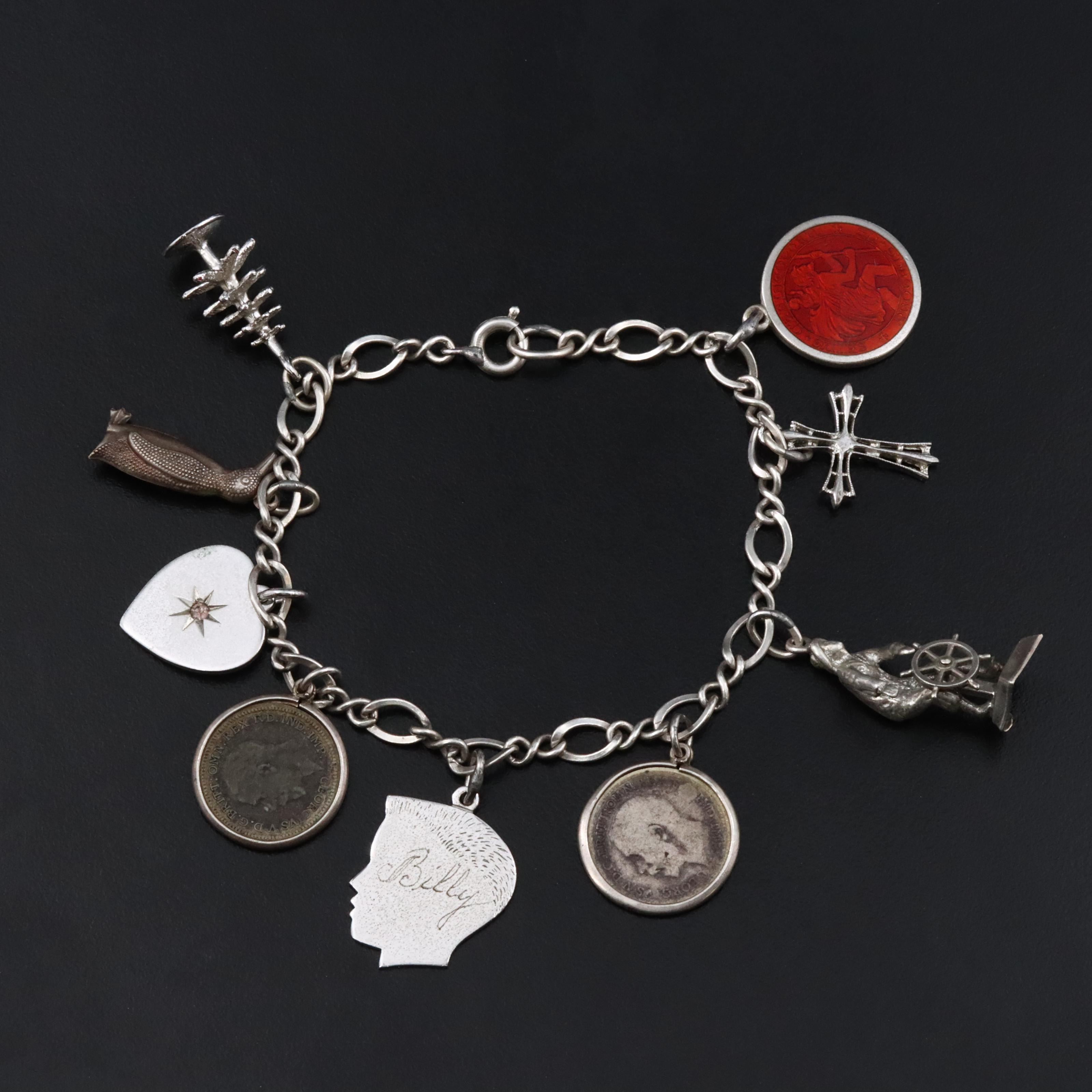 Vintage Charm Bracelet Featuring Sterling, Three Pence Coins and St. Christopher