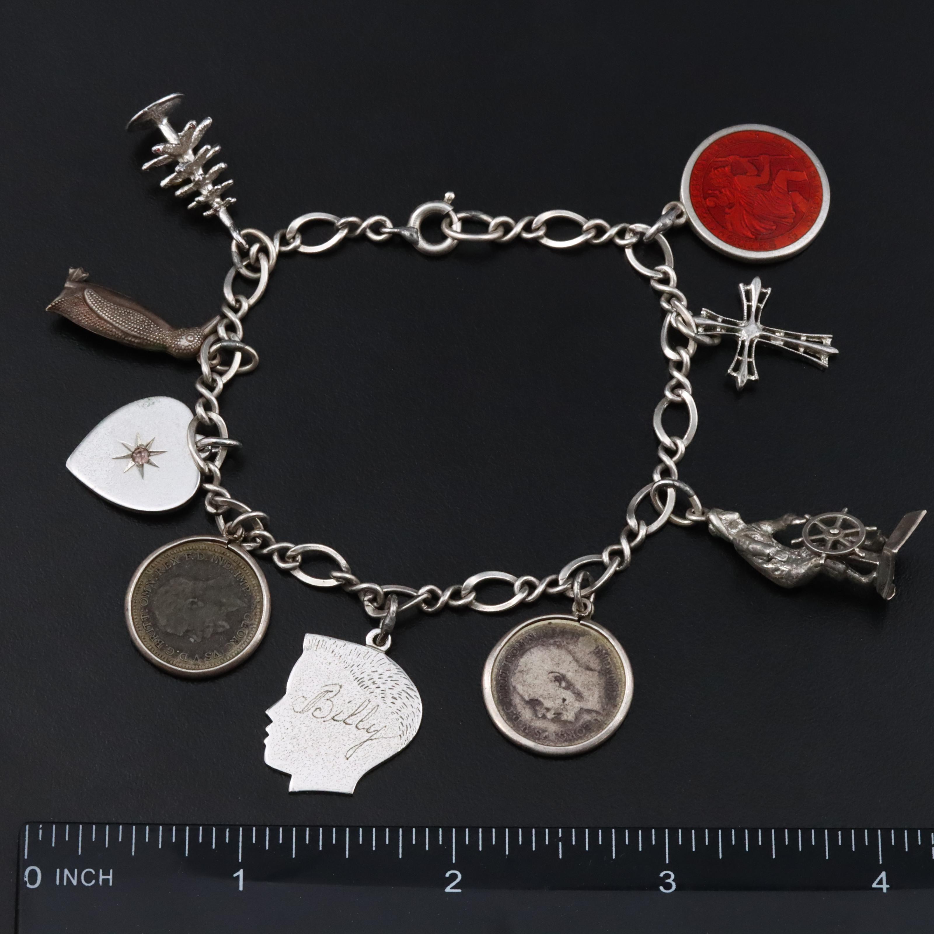 Vintage Charm Bracelet Featuring Sterling, Three Pence Coins and St. Christopher