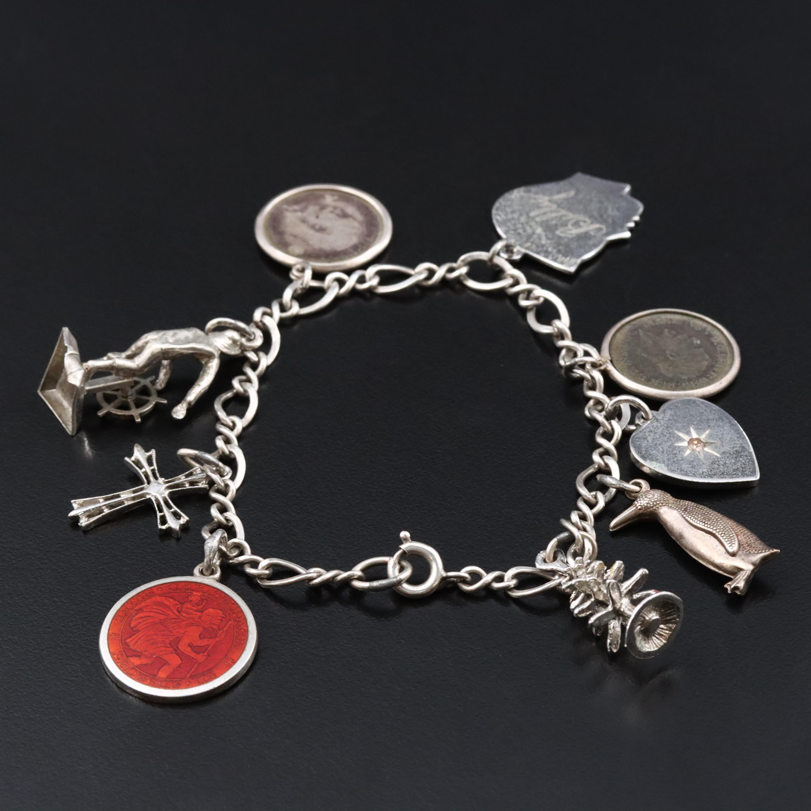 Vintage Charm Bracelet Featuring Sterling, Three Pence Coins and St. Christopher