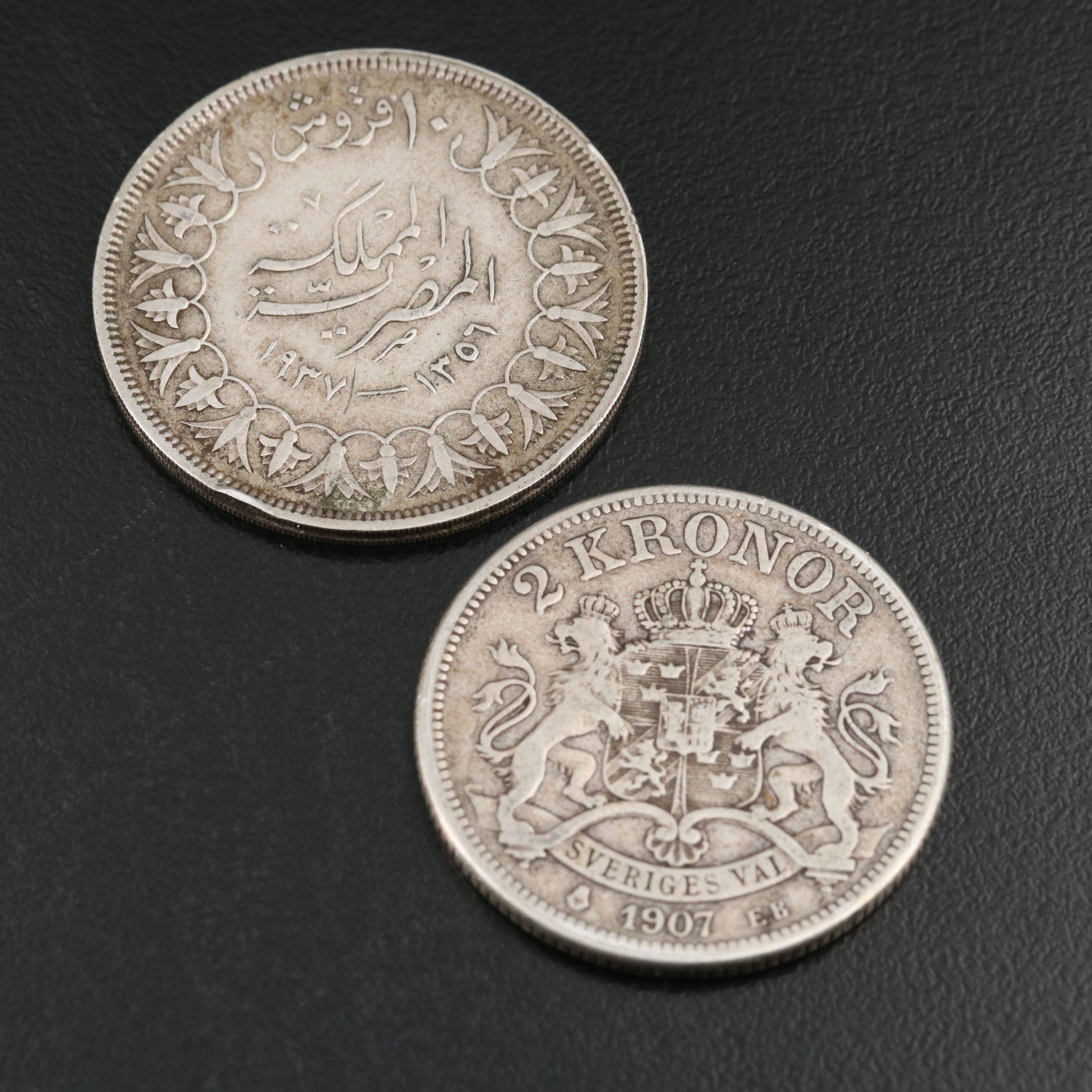 Seven Silver Foreign Coins Including an 1897 Sweden Silver 2 Kroner