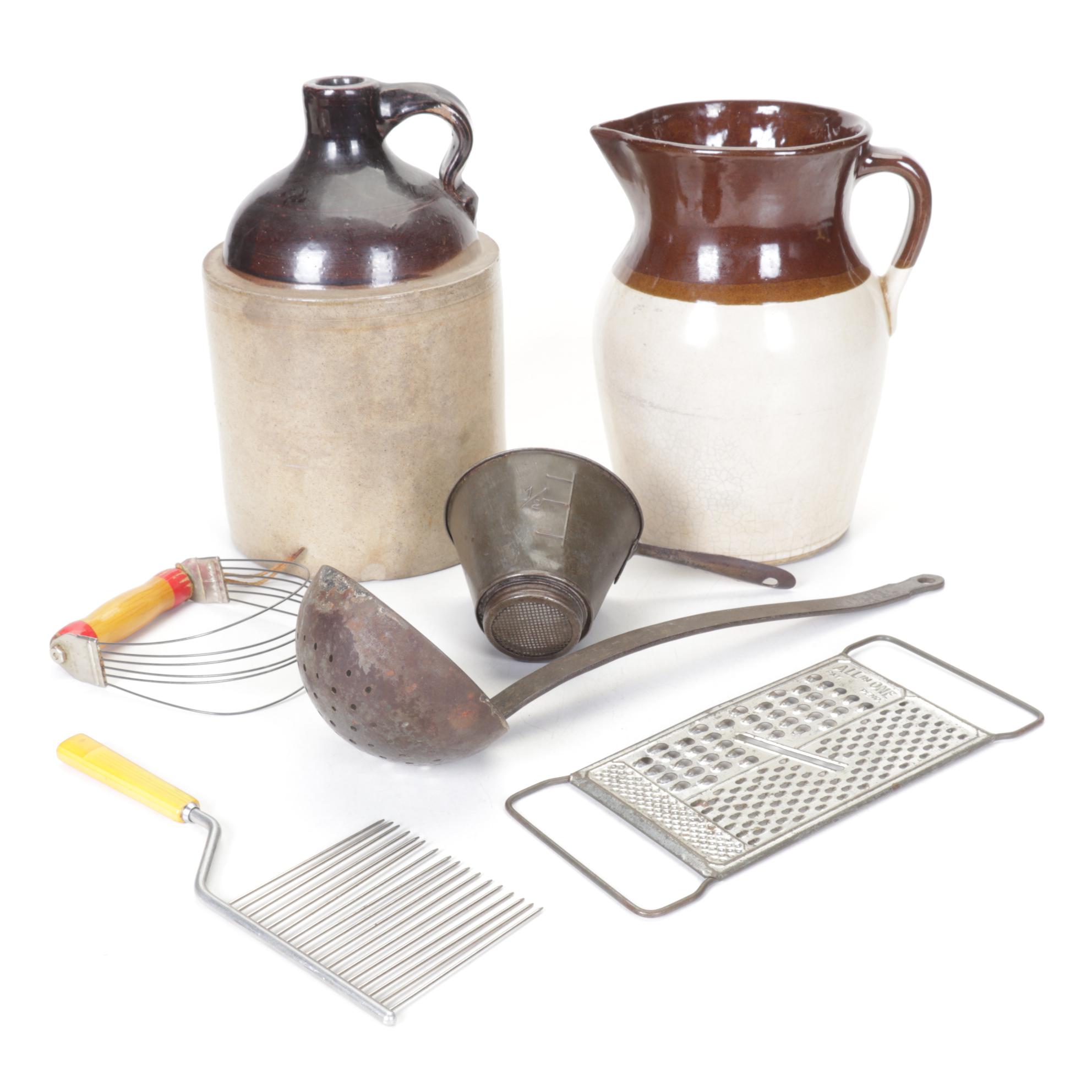 Stoneware Jugs with Mid-Century Kitchen Utensils