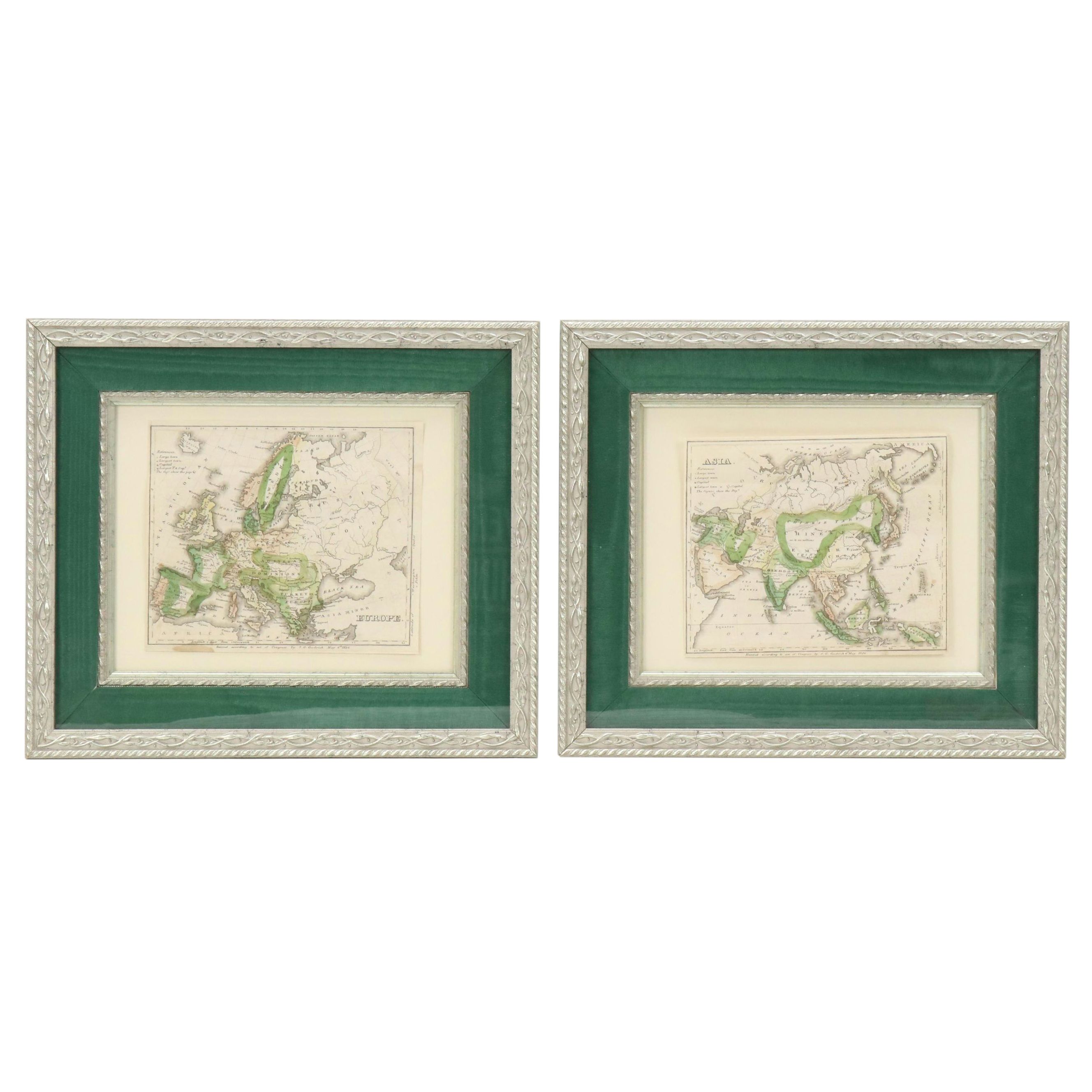 Hand-Colored Engraving Maps "Asia" and "Europe"