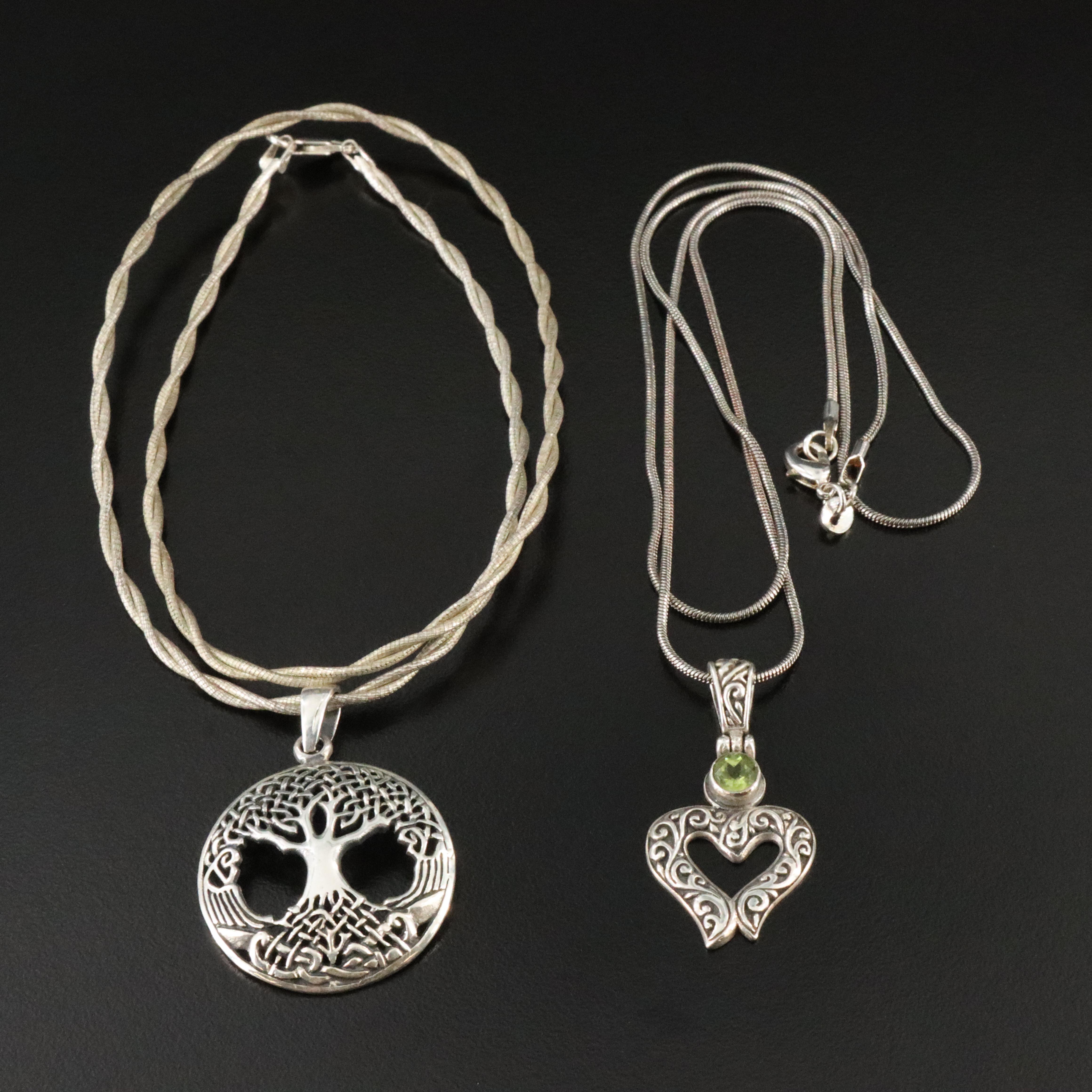 Sterling Tree of Life and Peridot Heart Pendant Necklaces