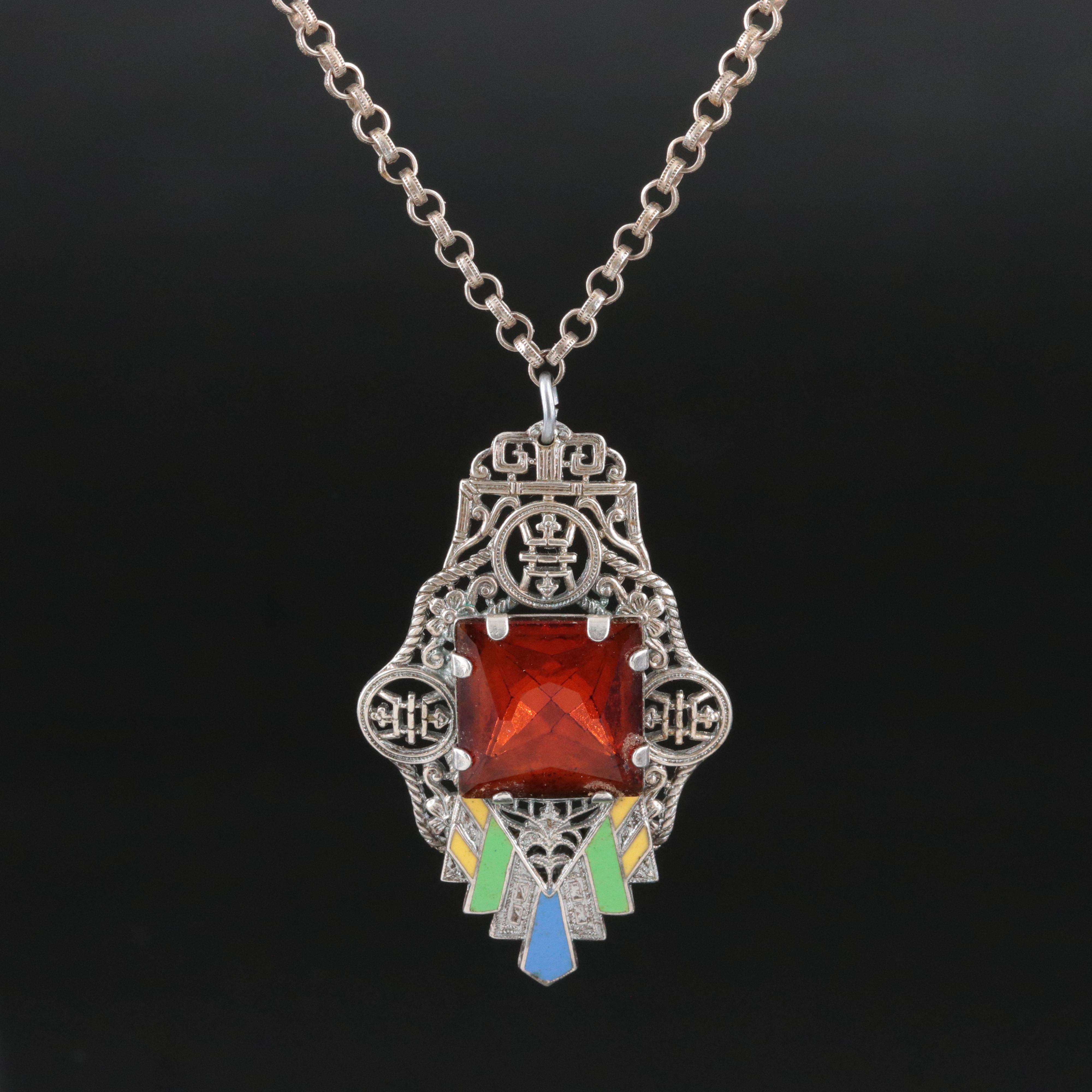 1930s Sterling Glass and Enamel Pendant Necklace with Chinese Longevity Symbols