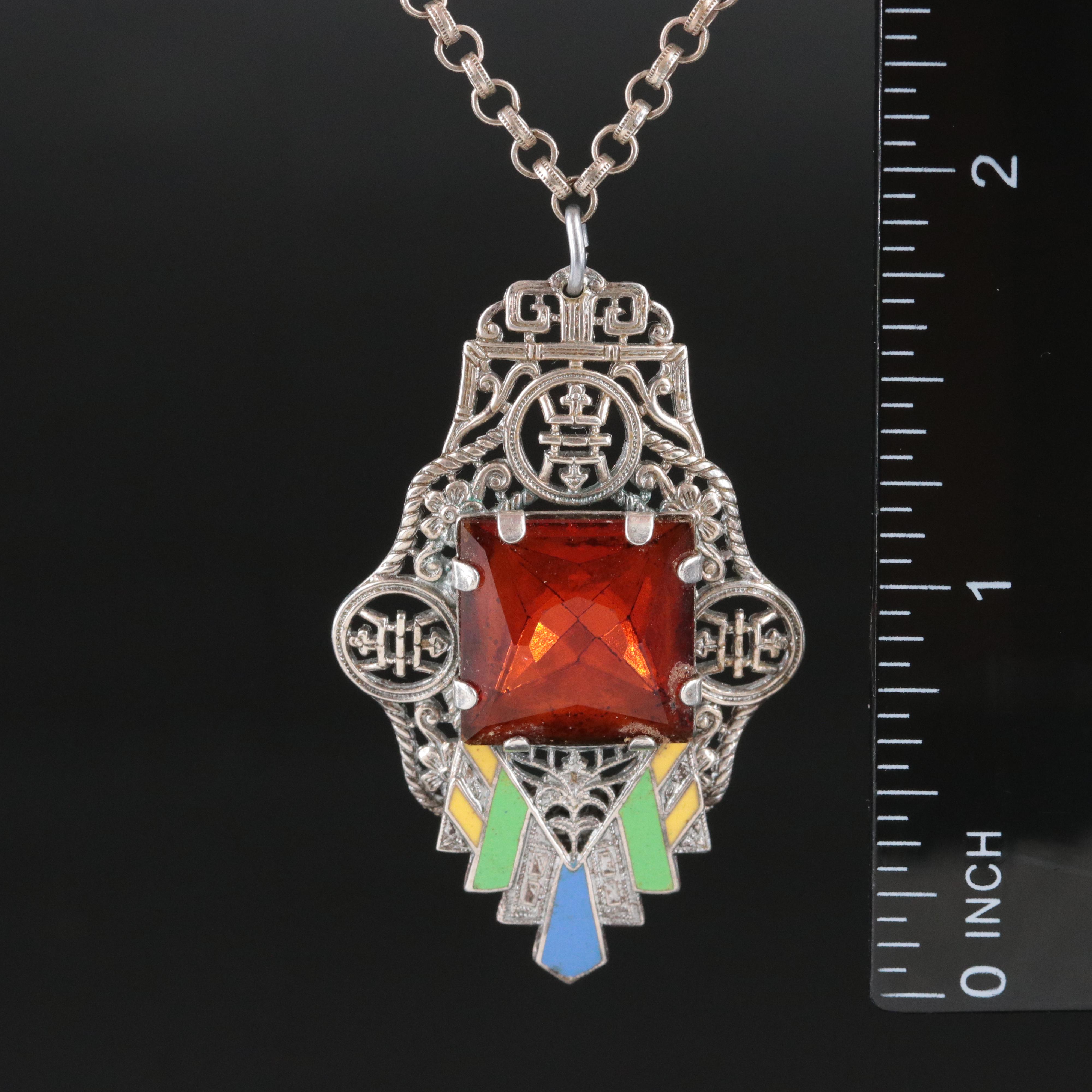 1930s Sterling Glass and Enamel Pendant Necklace with Chinese Longevity Symbols