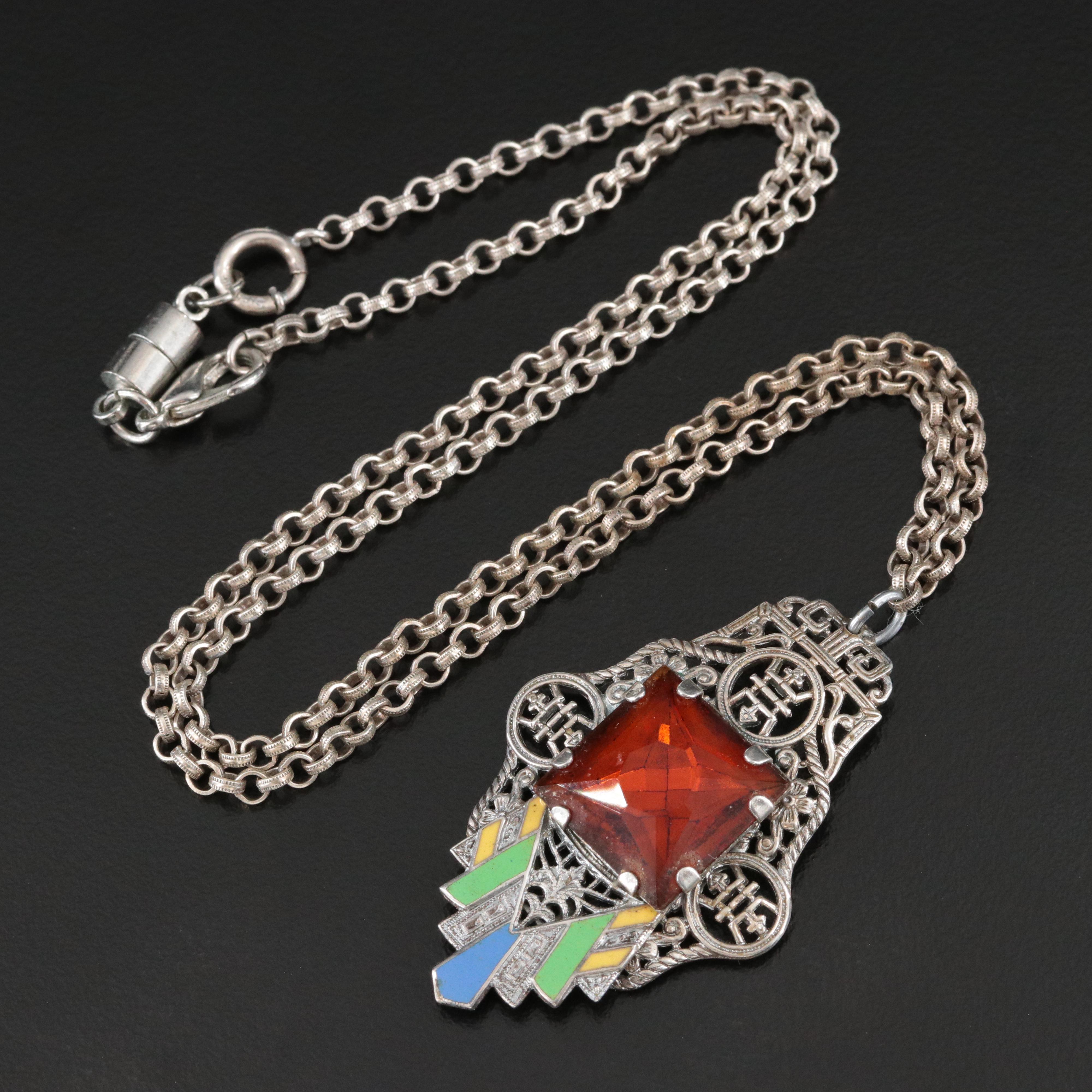 1930s Sterling Glass and Enamel Pendant Necklace with Chinese Longevity Symbols