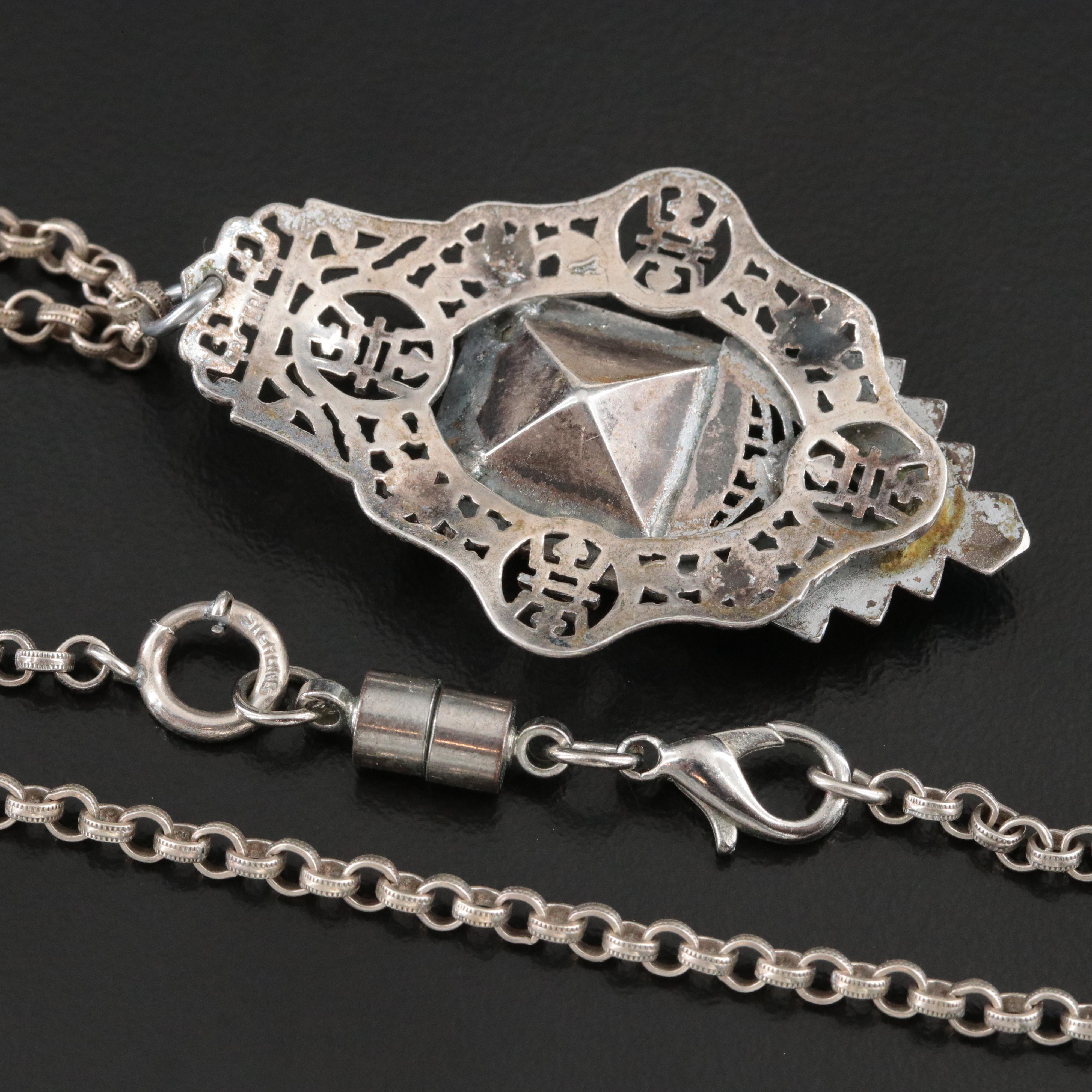 1930s Sterling Glass and Enamel Pendant Necklace with Chinese Longevity Symbols