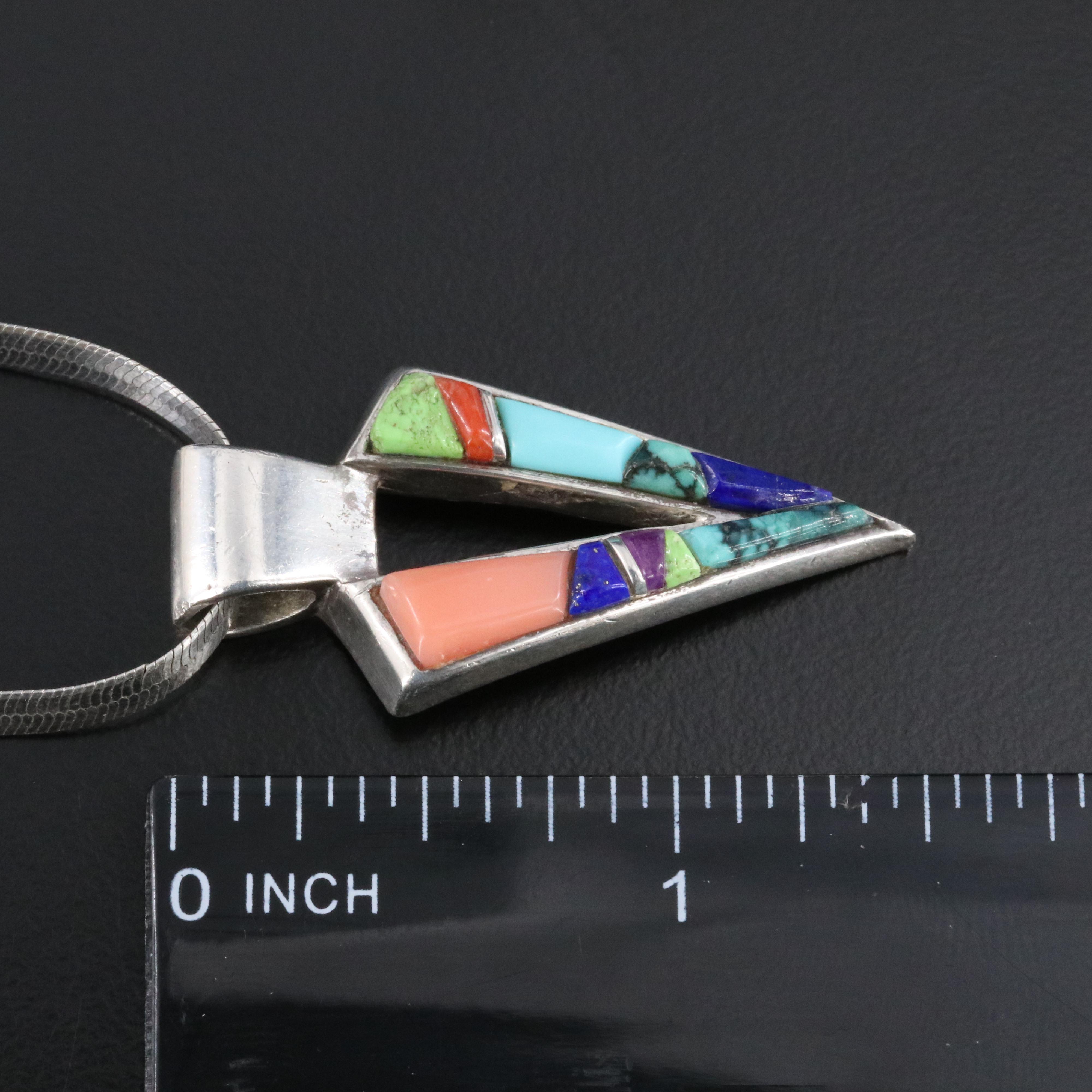 Southwestern Signed Sterling Gemstone Mosaic Inlay Pendant Necklace