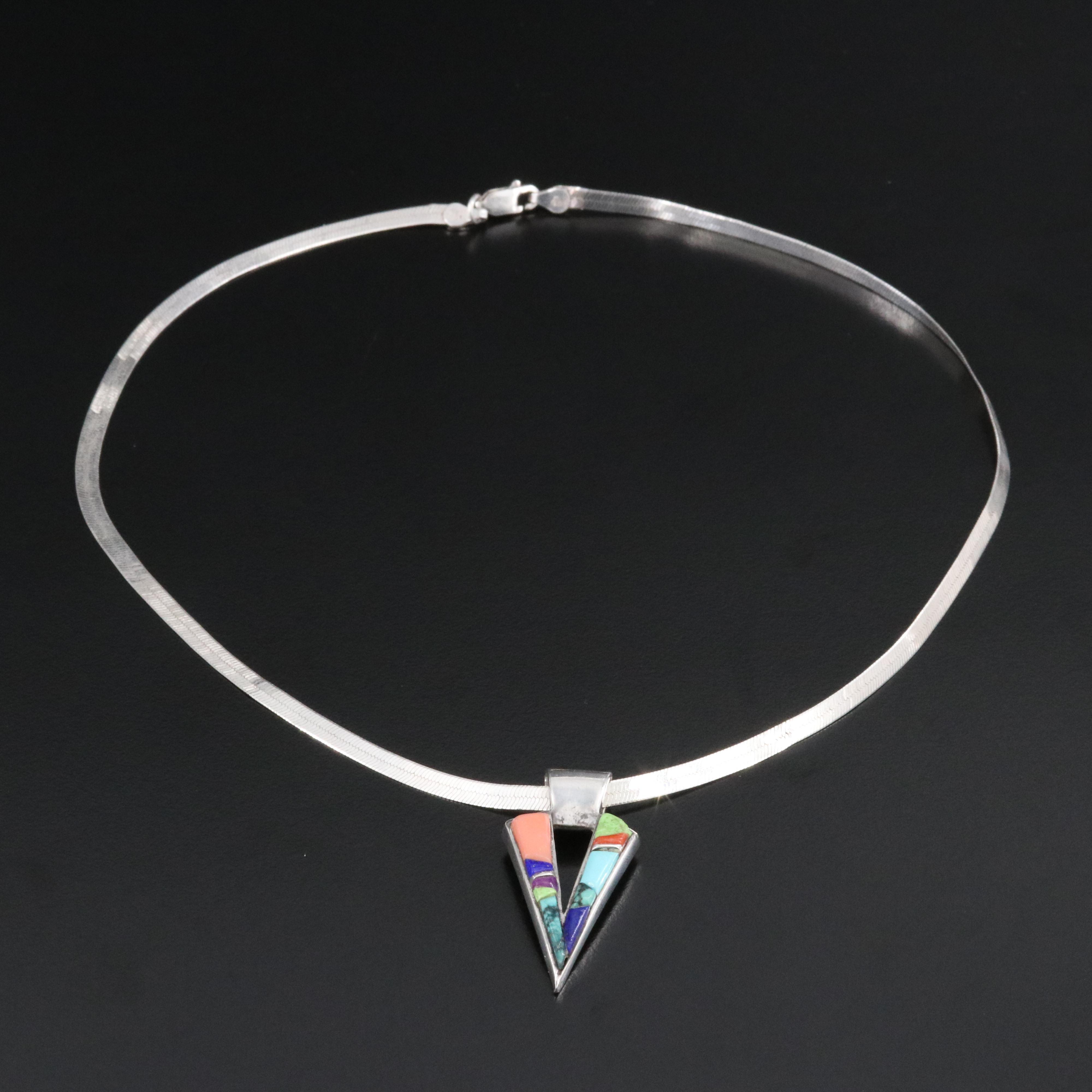 Southwestern Signed Sterling Gemstone Mosaic Inlay Pendant Necklace