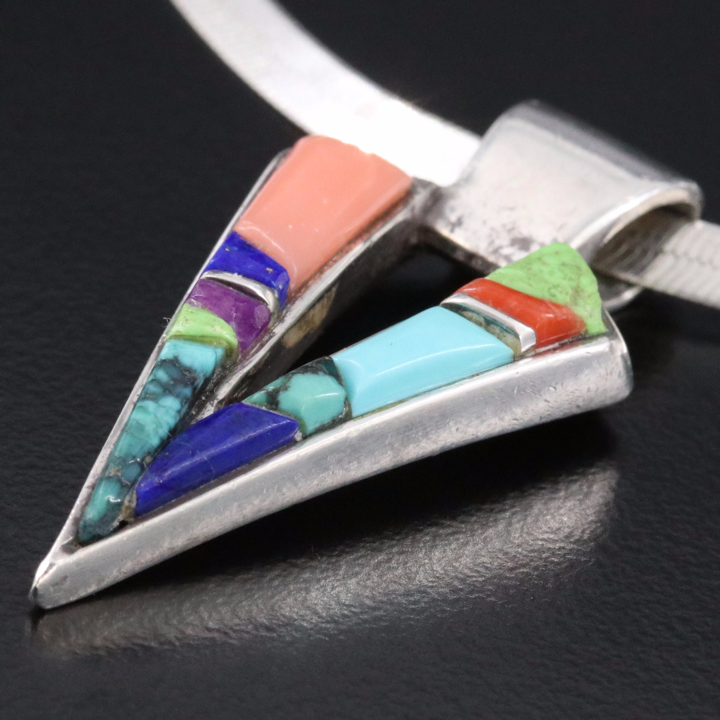 Southwestern Signed Sterling Gemstone Mosaic Inlay Pendant Necklace