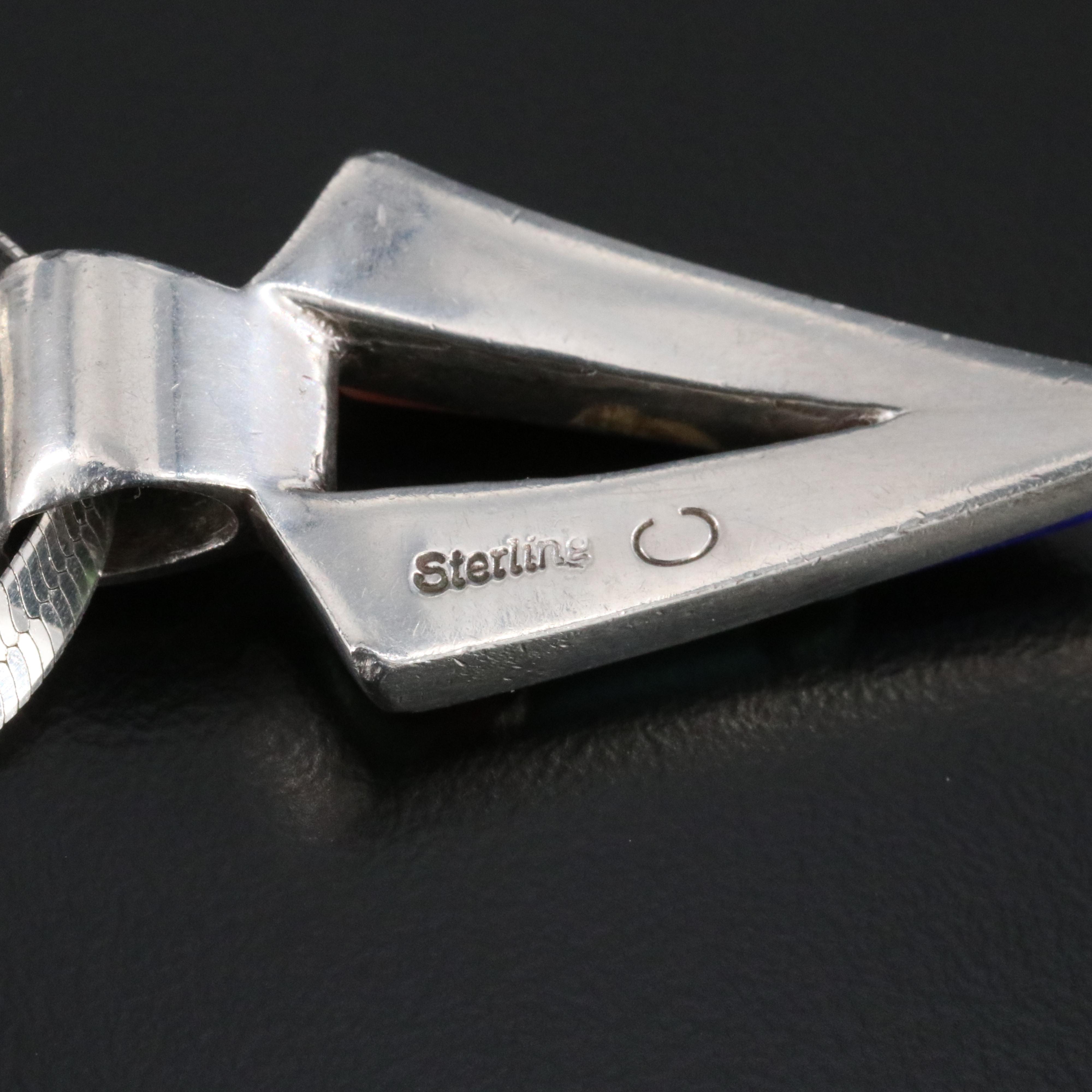 Southwestern Signed Sterling Gemstone Mosaic Inlay Pendant Necklace