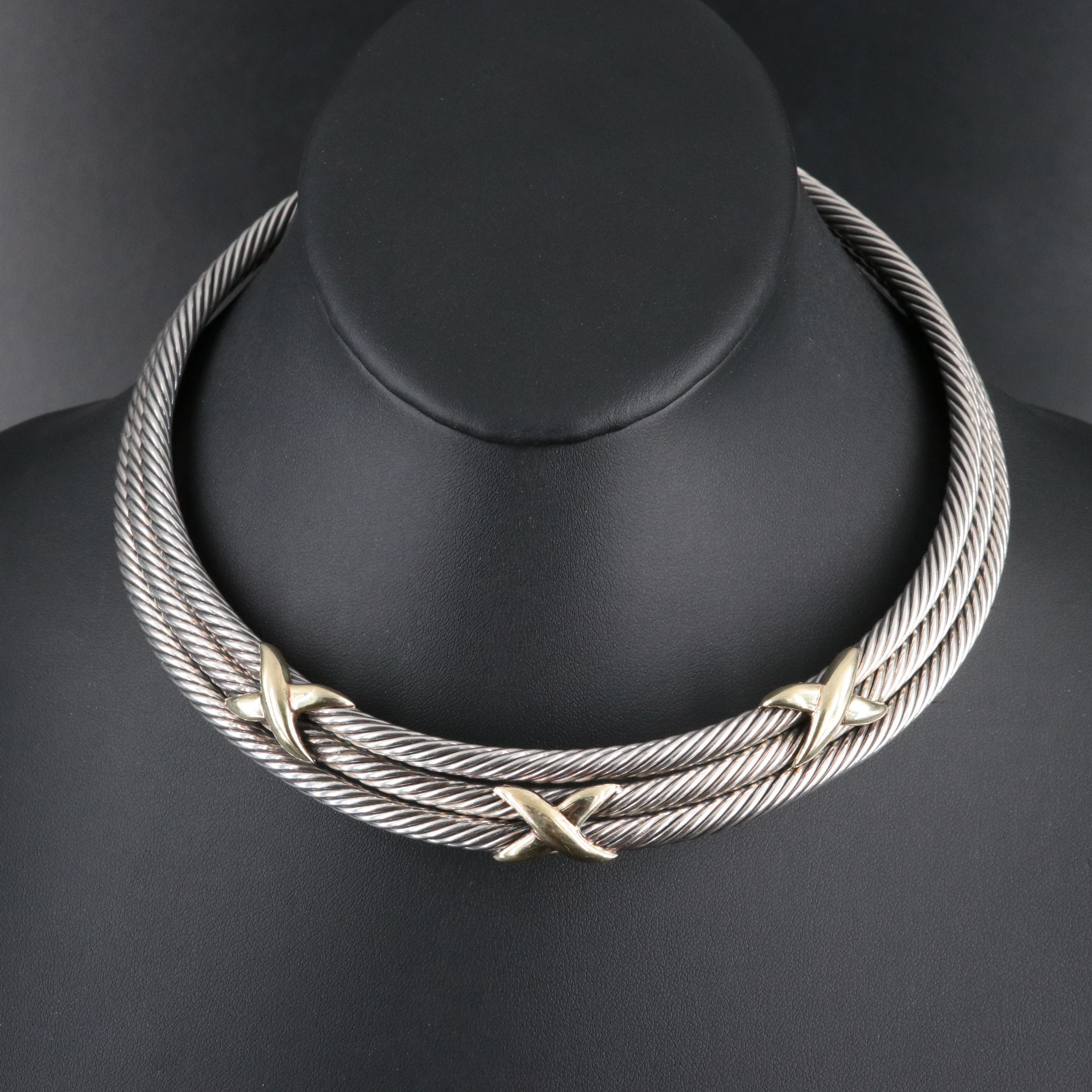 David Yurman Triple X Sterling and 14K Cable Collar Necklace
