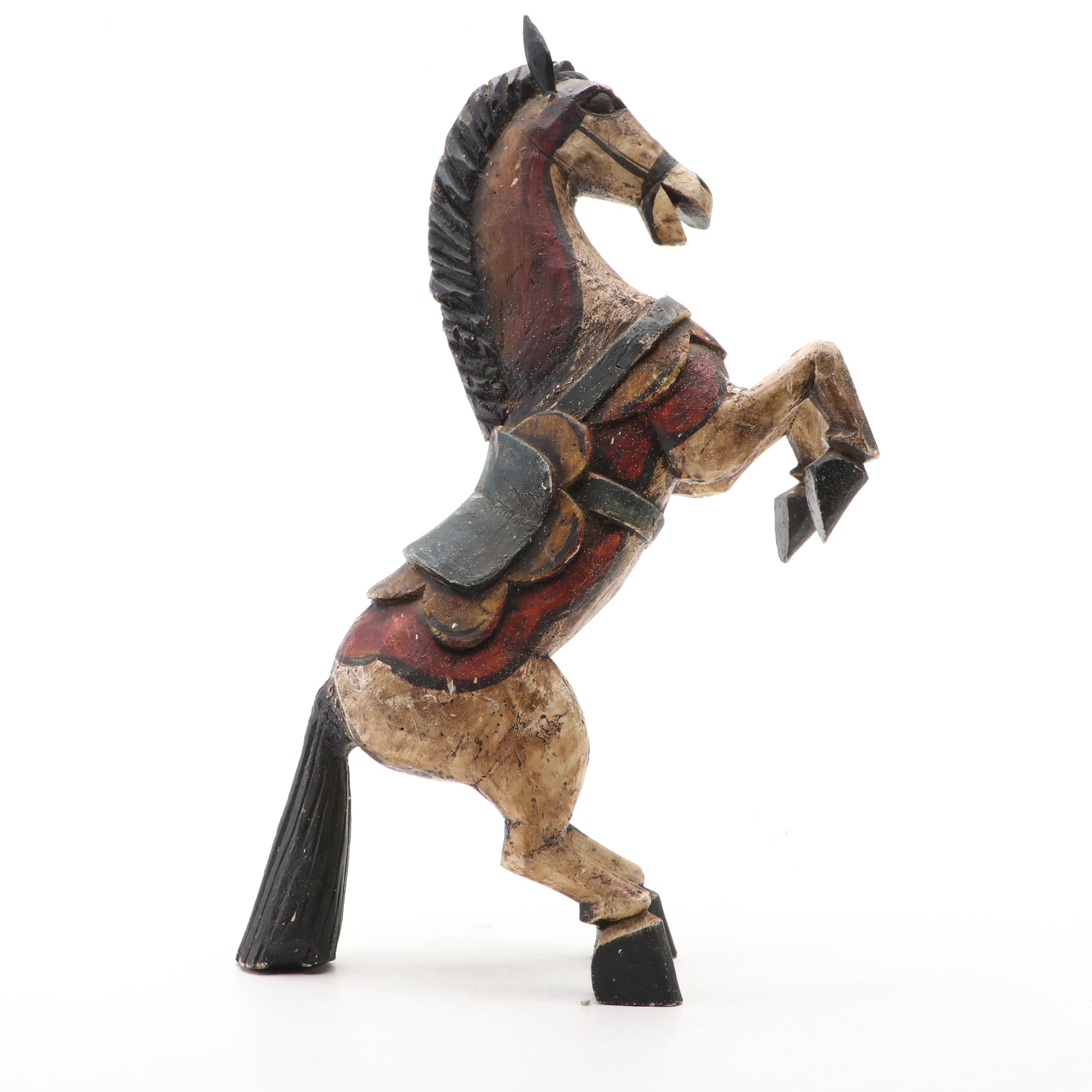 Mexican Style Hand-Carved and Polychrome Wood Rearing Horse