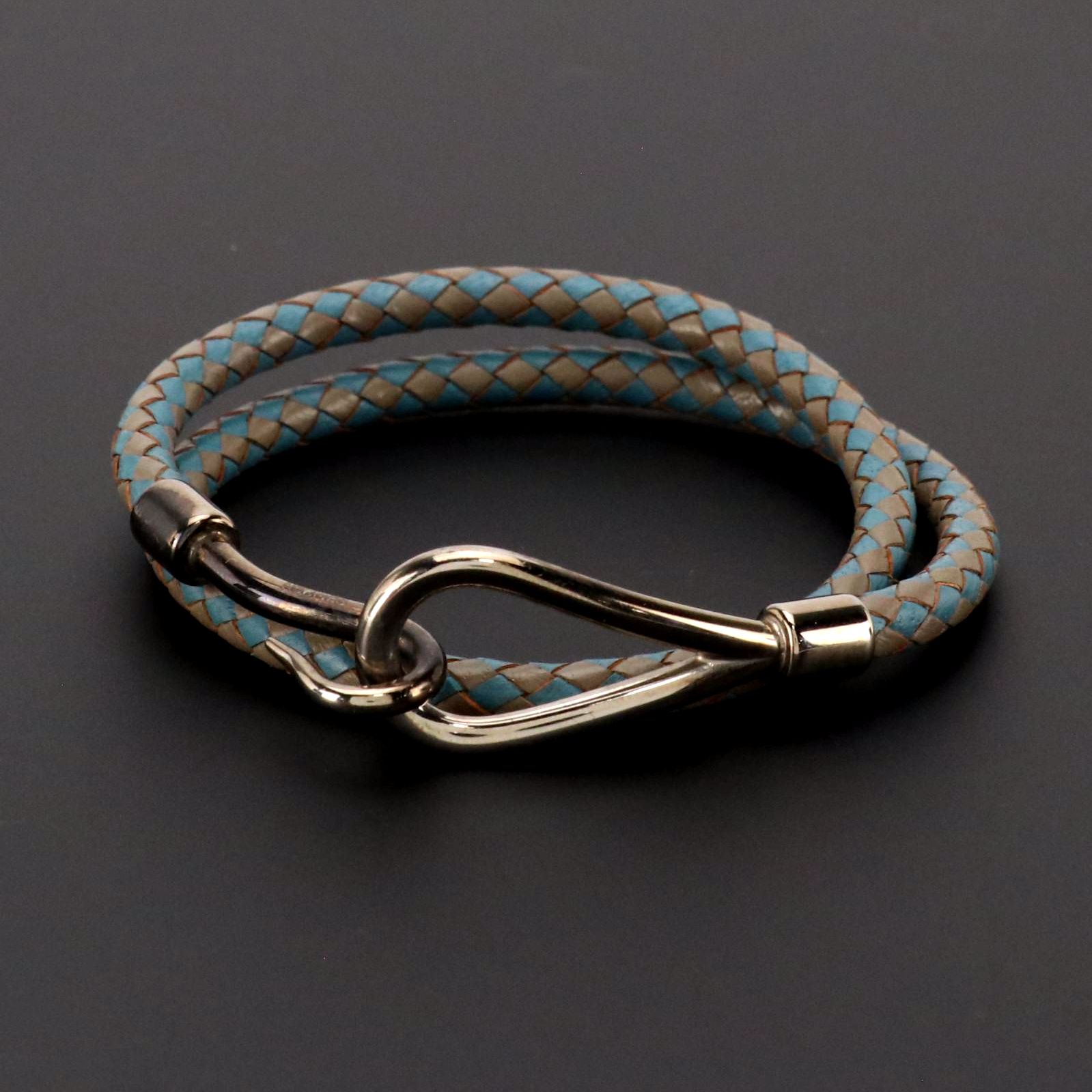 Hermès Double Tour Jumbo Hook Wrap Bracelet in Blue/Grey Leather, With Box