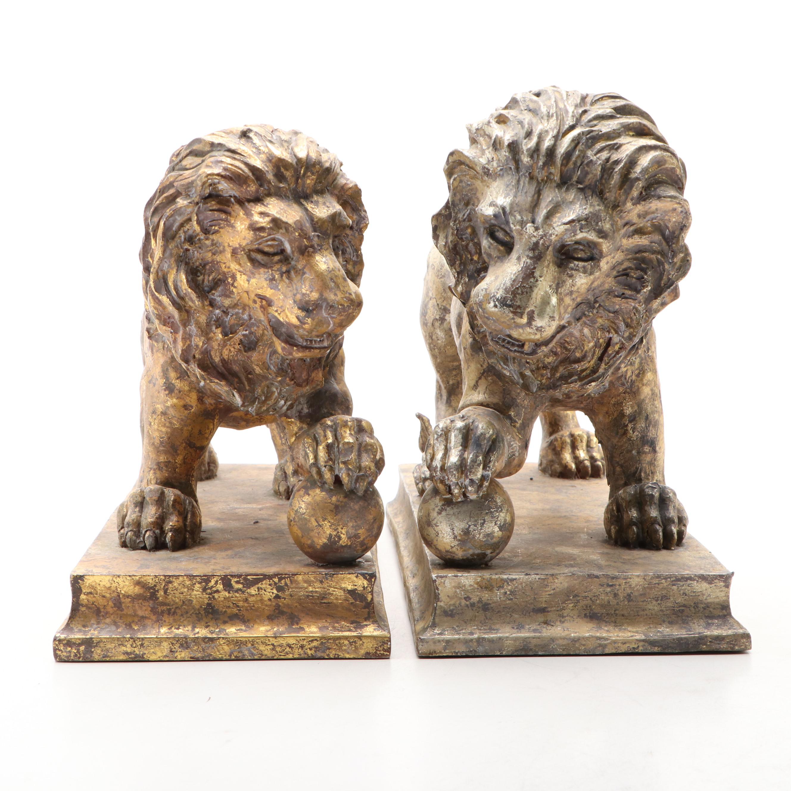 Silt Gilt and Gold Gilt on Resin Guardian Lion Bookends, Unmatched Pair