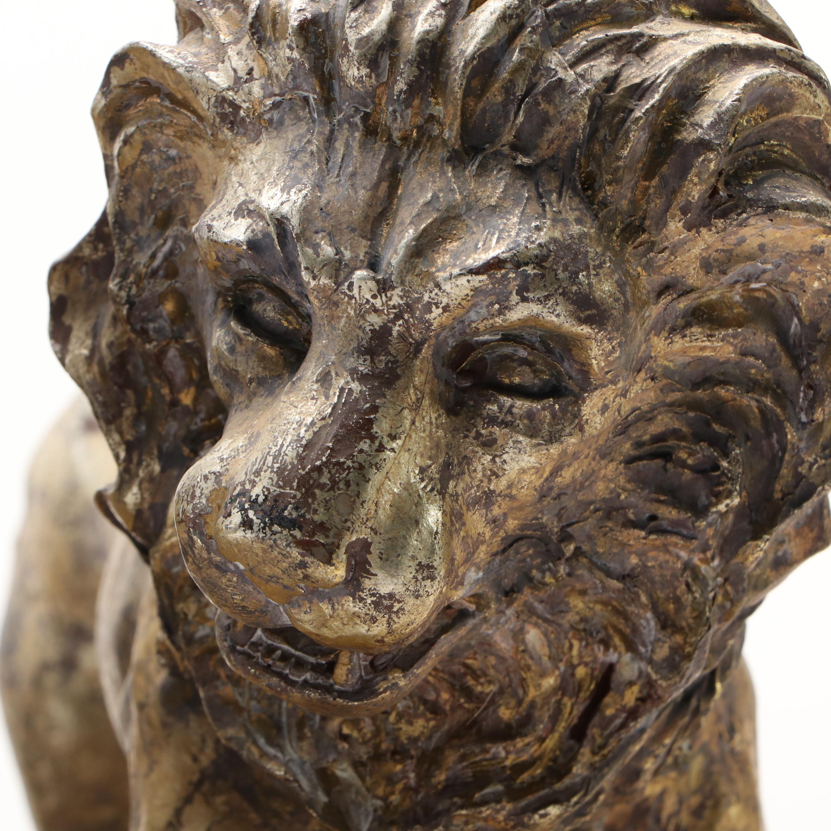 Silt Gilt and Gold Gilt on Resin Guardian Lion Bookends, Unmatched Pair