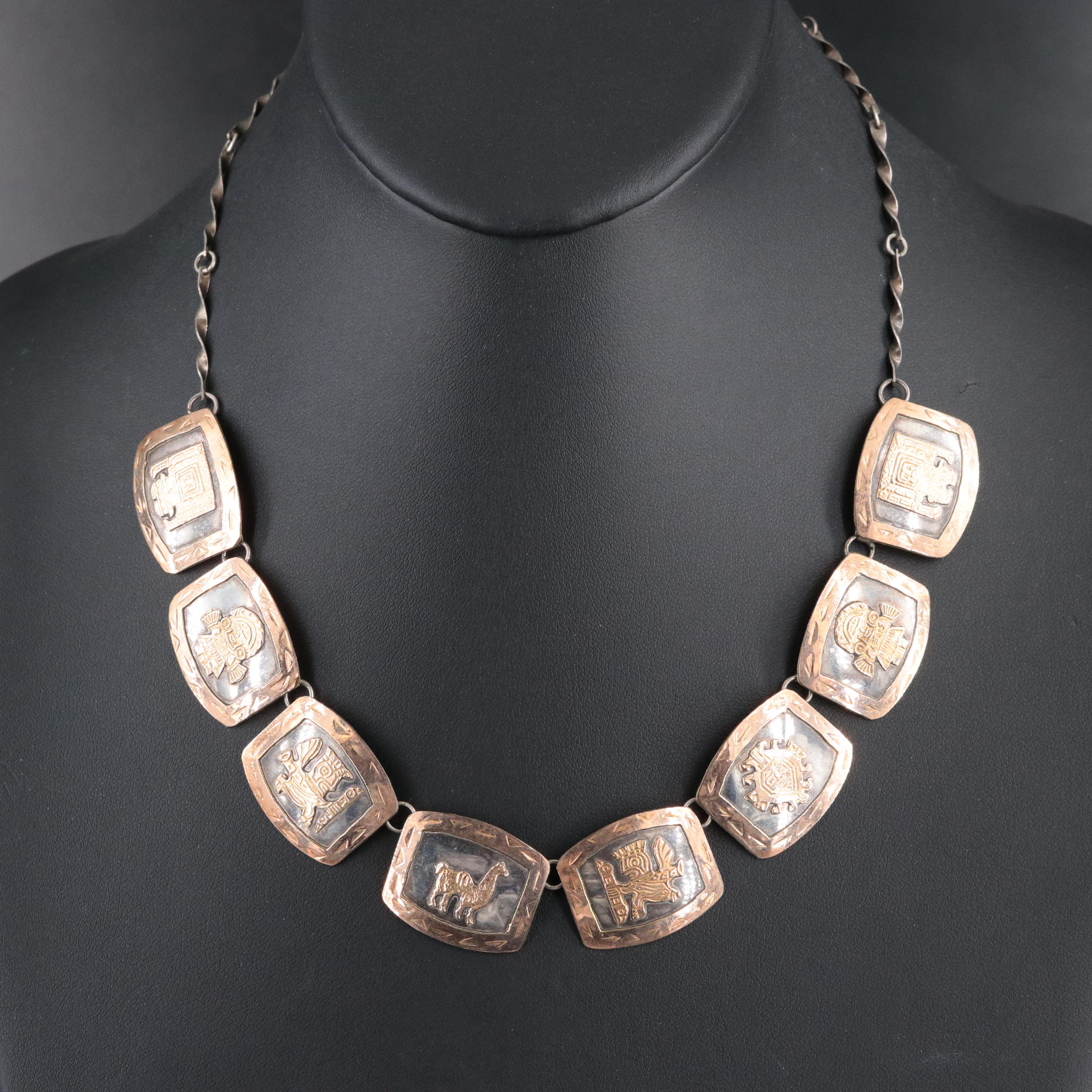 Sterling Incan Motif Link Necklace with 18K Accents
