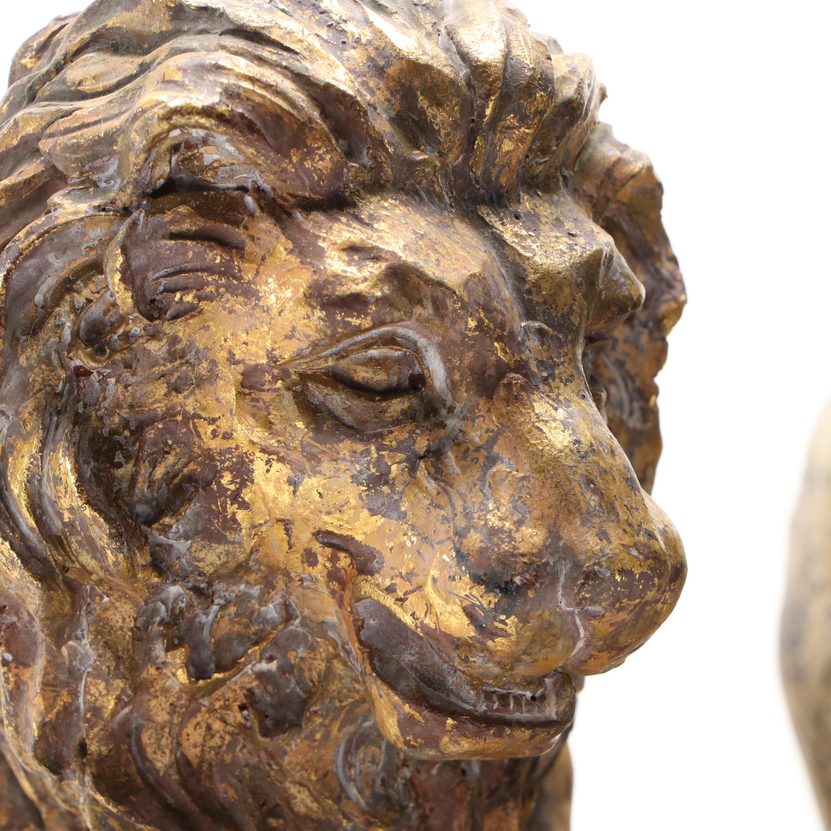 Silt Gilt and Gold Gilt on Resin Guardian Lion Bookends, Unmatched Pair