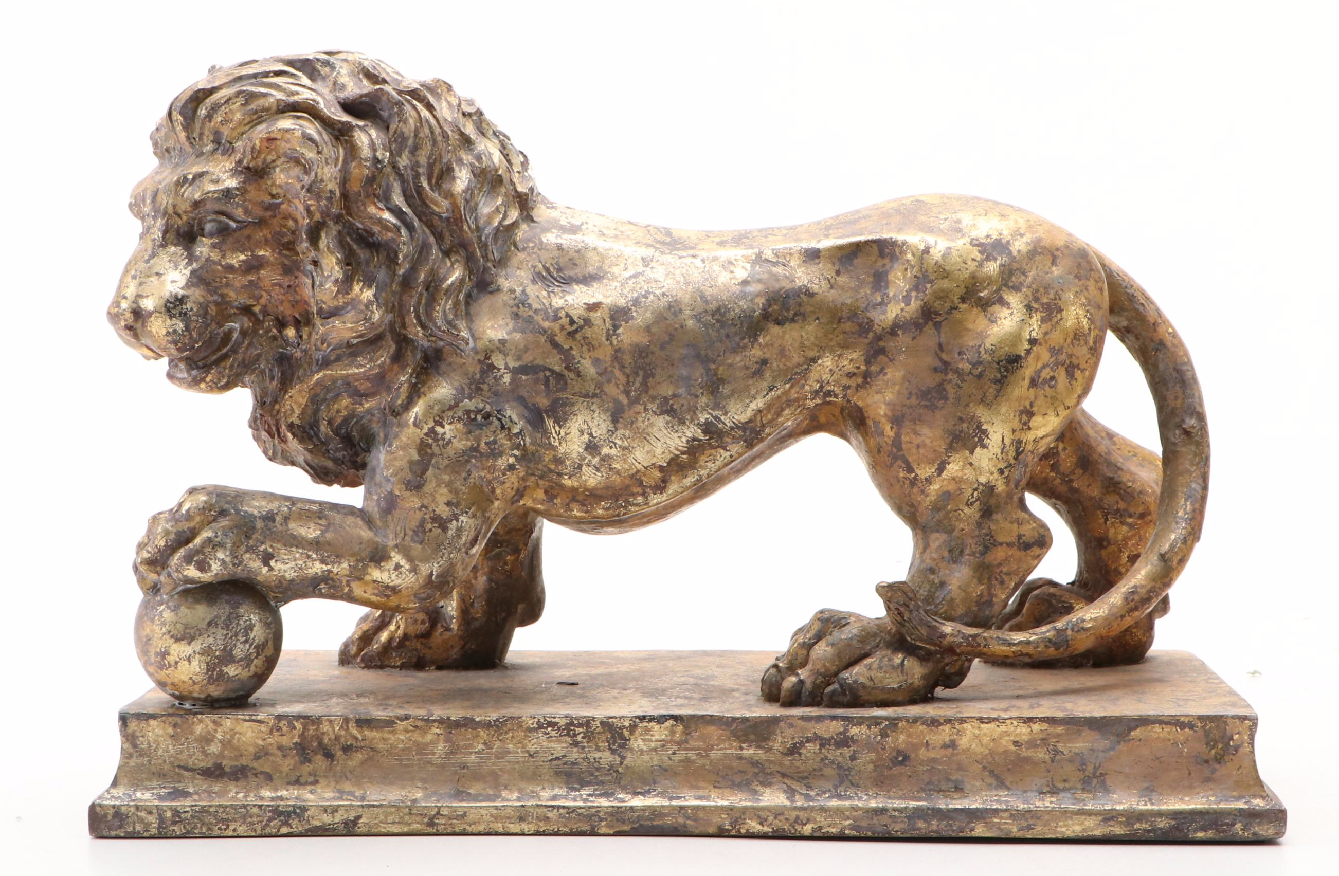 Silt Gilt and Gold Gilt on Resin Guardian Lion Bookends, Unmatched Pair