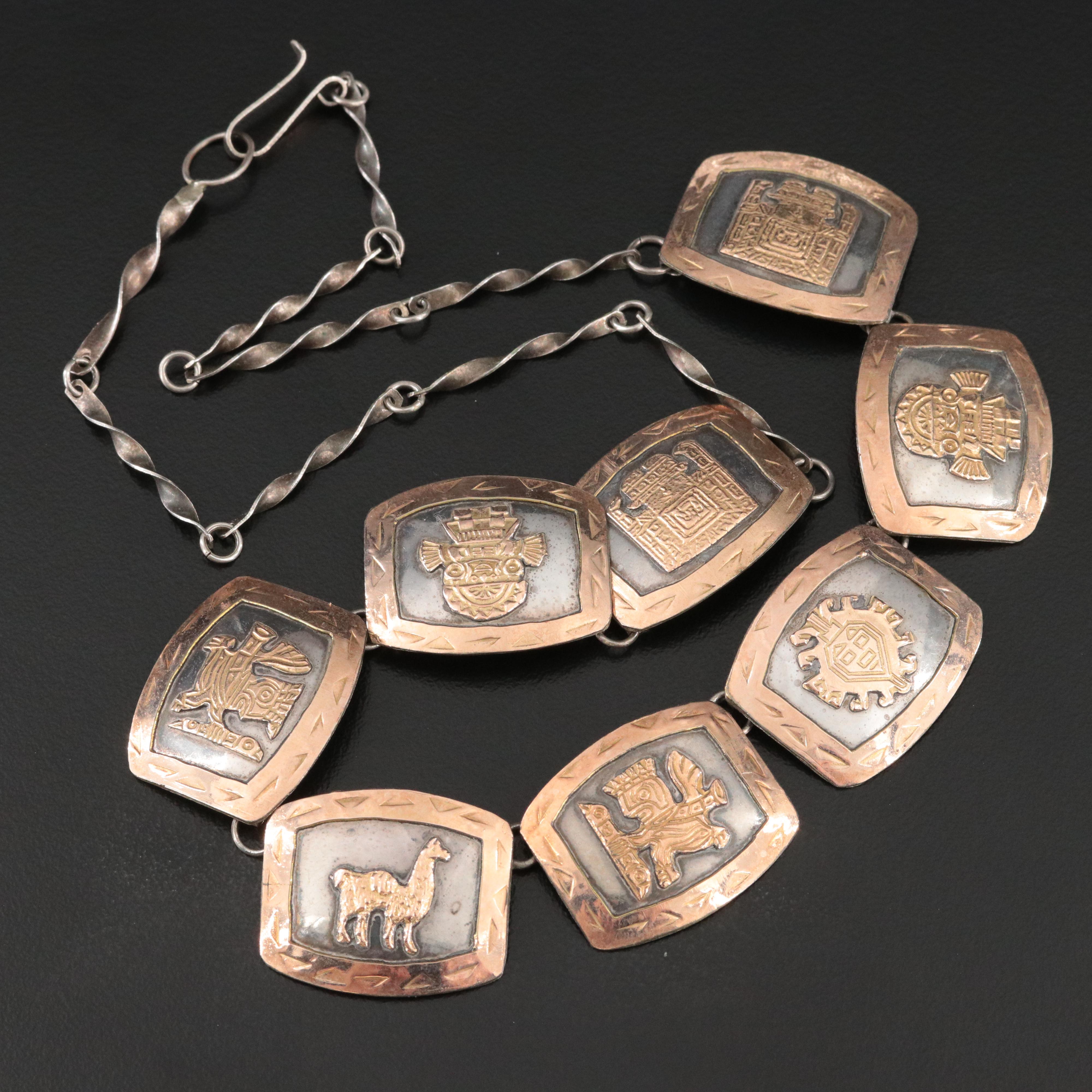 Sterling Incan Motif Link Necklace with 18K Accents