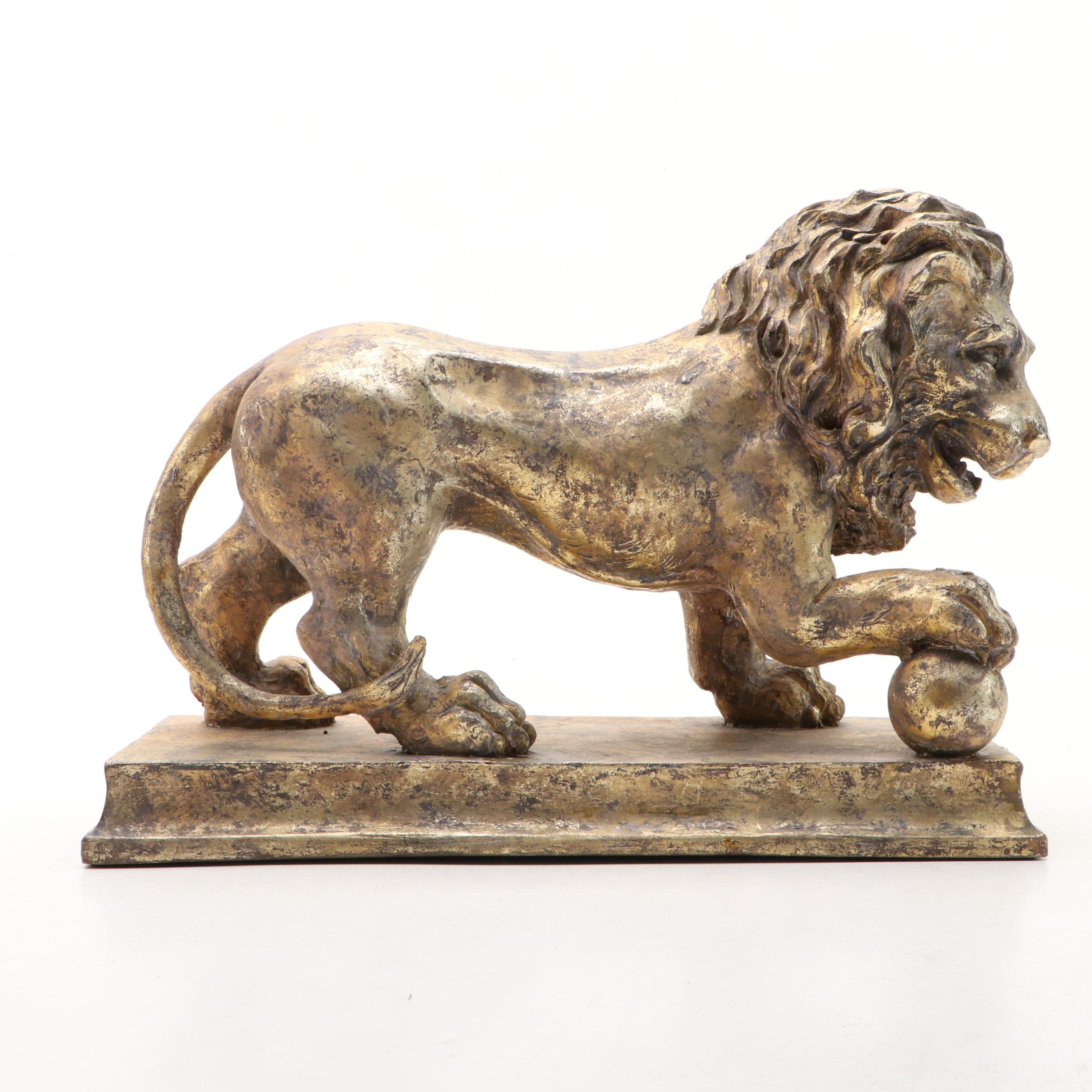 Silt Gilt and Gold Gilt on Resin Guardian Lion Bookends, Unmatched Pair