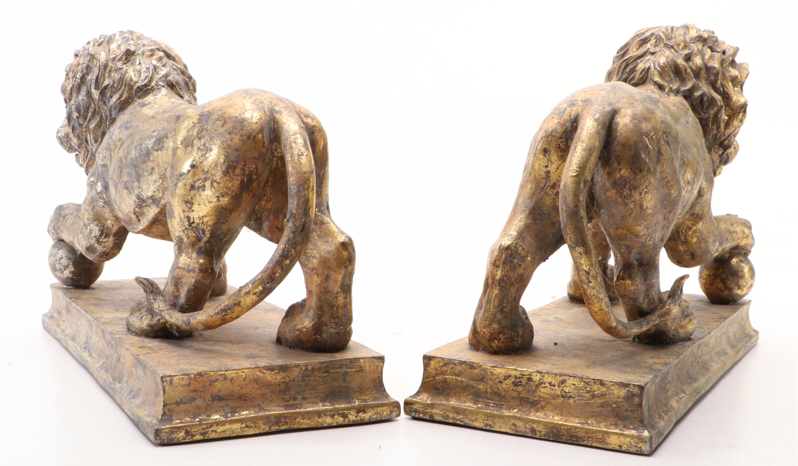 Silt Gilt and Gold Gilt on Resin Guardian Lion Bookends, Unmatched Pair