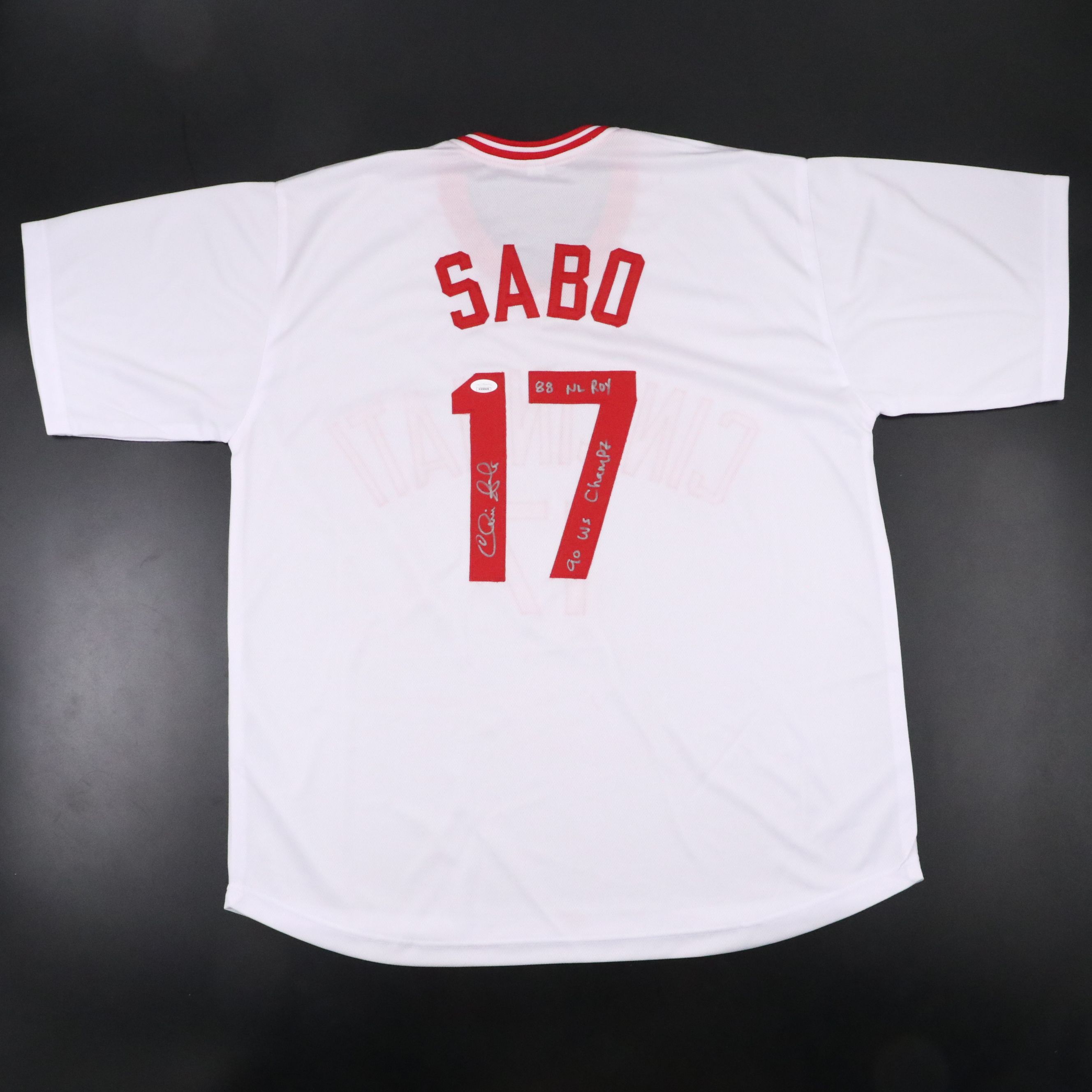 Chris Sabo Signed "90 WS Champs" Cincinnati Reds Baseball Jersey, JSA