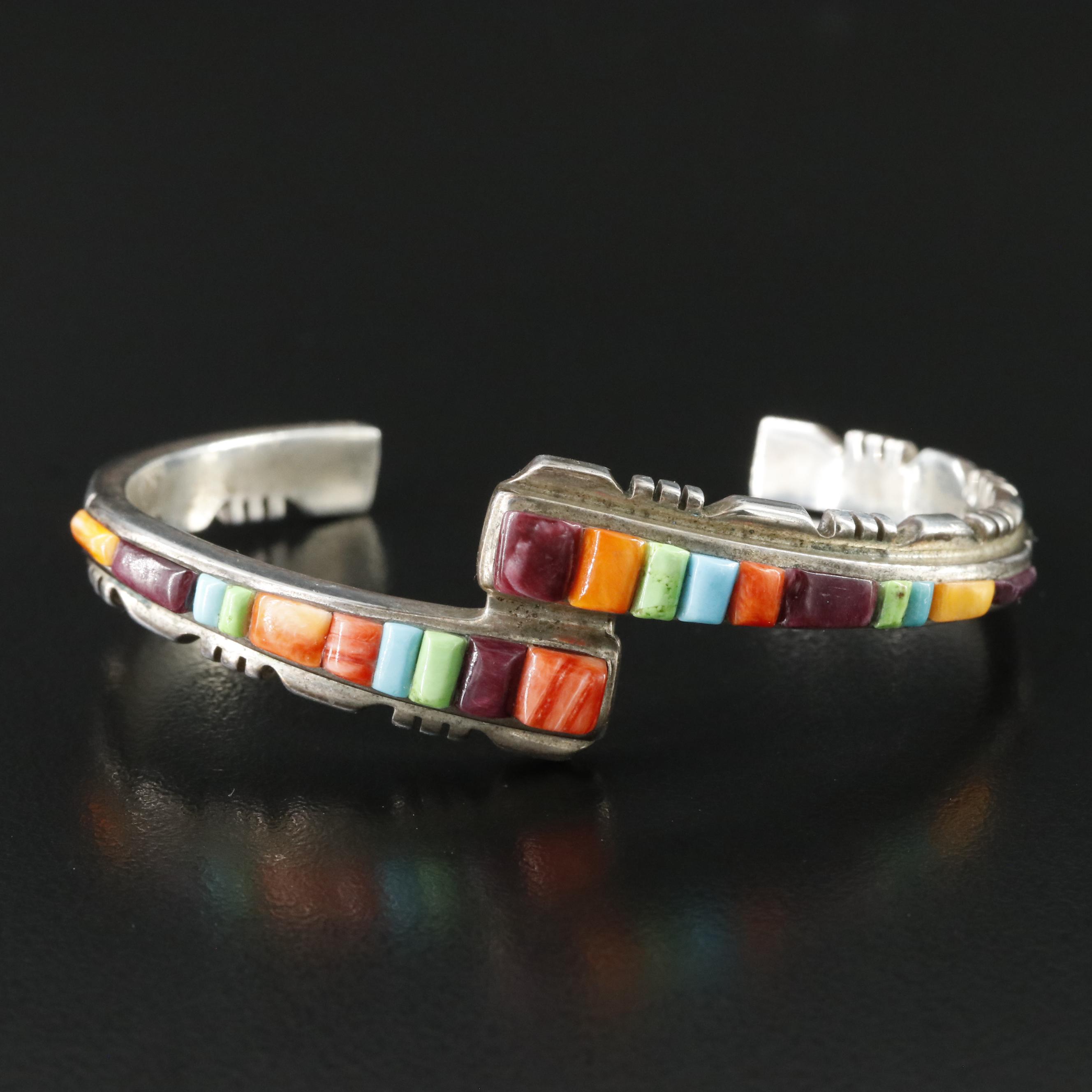 Southwestern Signed Sterling Gemstone Cuff Bracelet