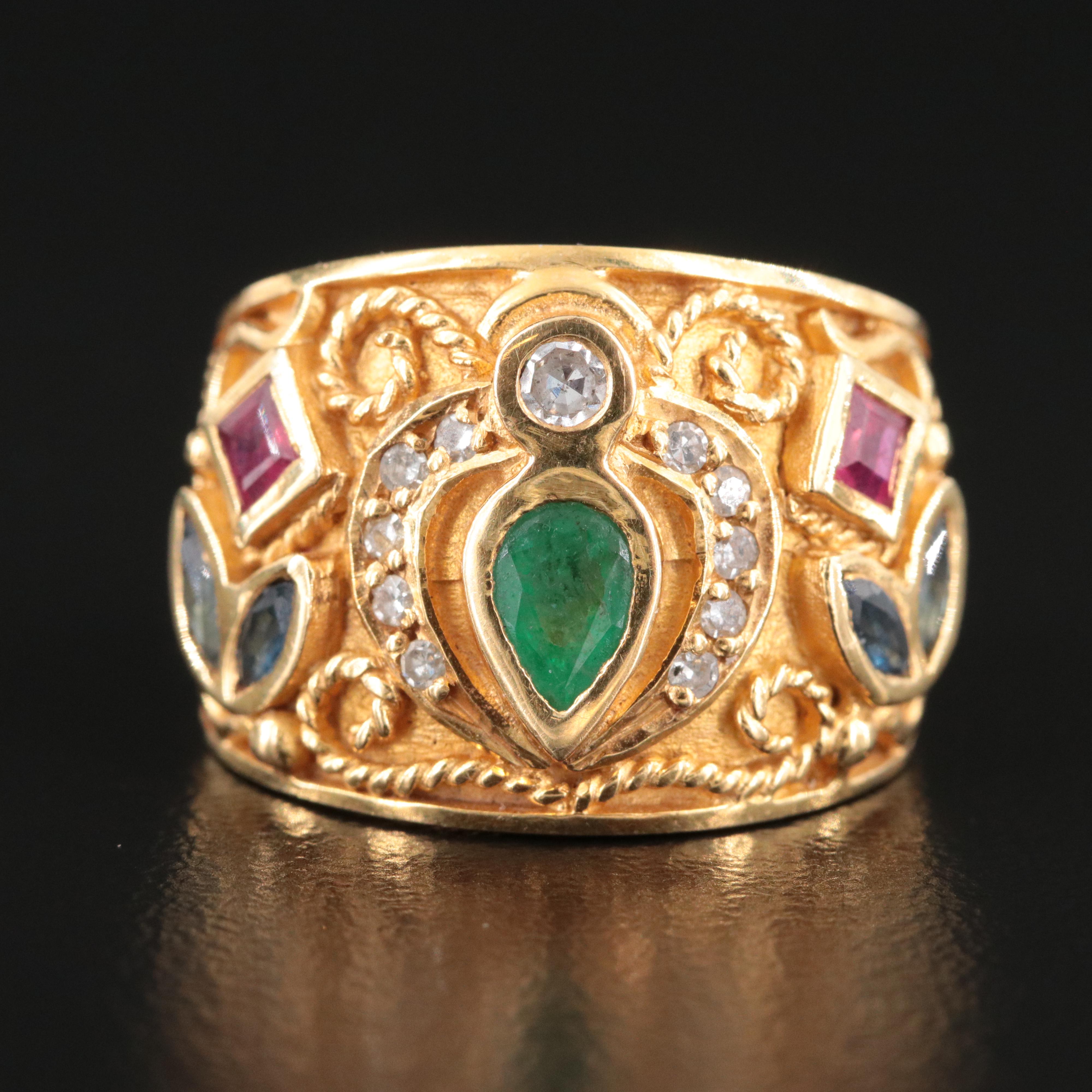 18K Emerald, Ruby, Sapphire and Diamond Cannetille Ring