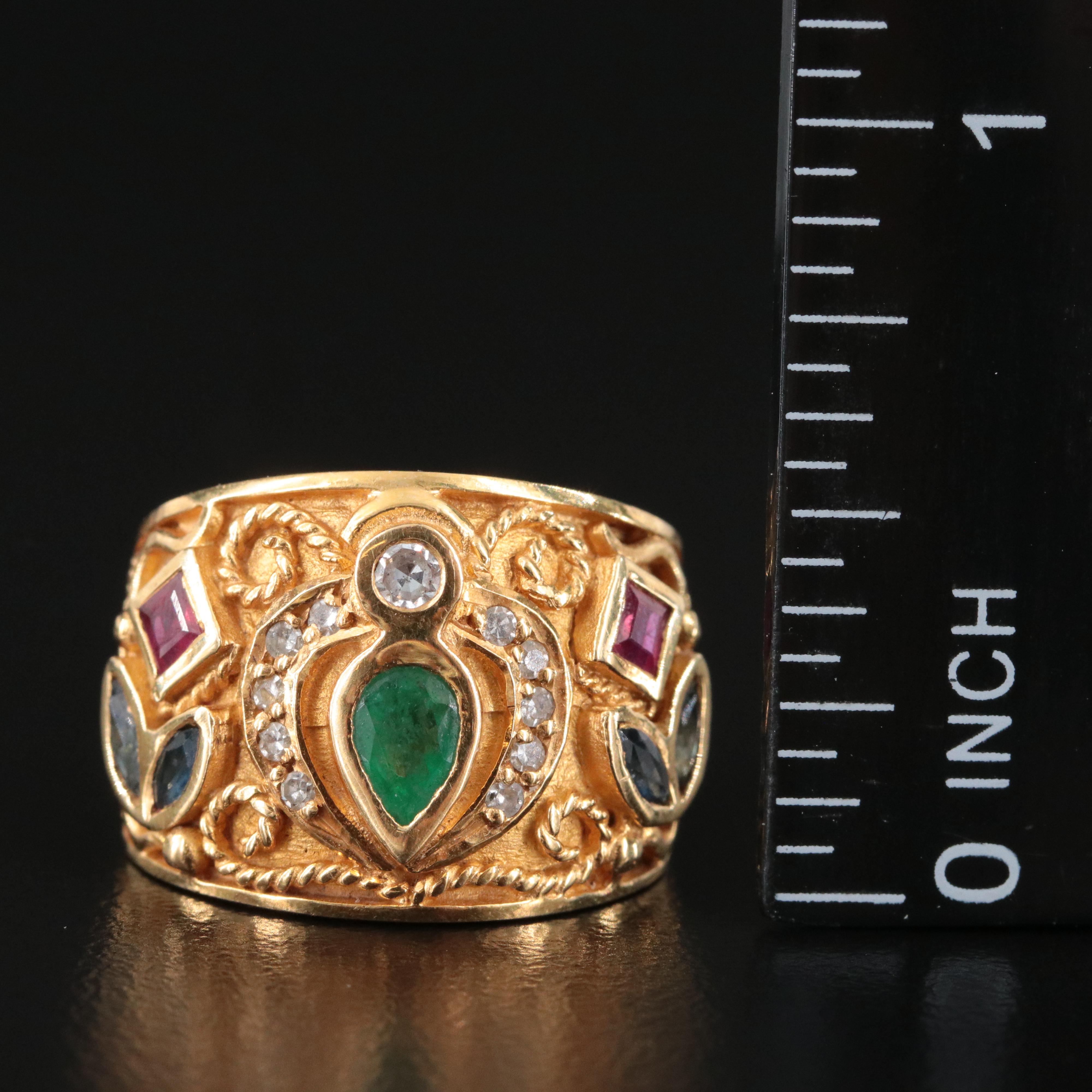 18K Emerald, Ruby, Sapphire and Diamond Cannetille Ring