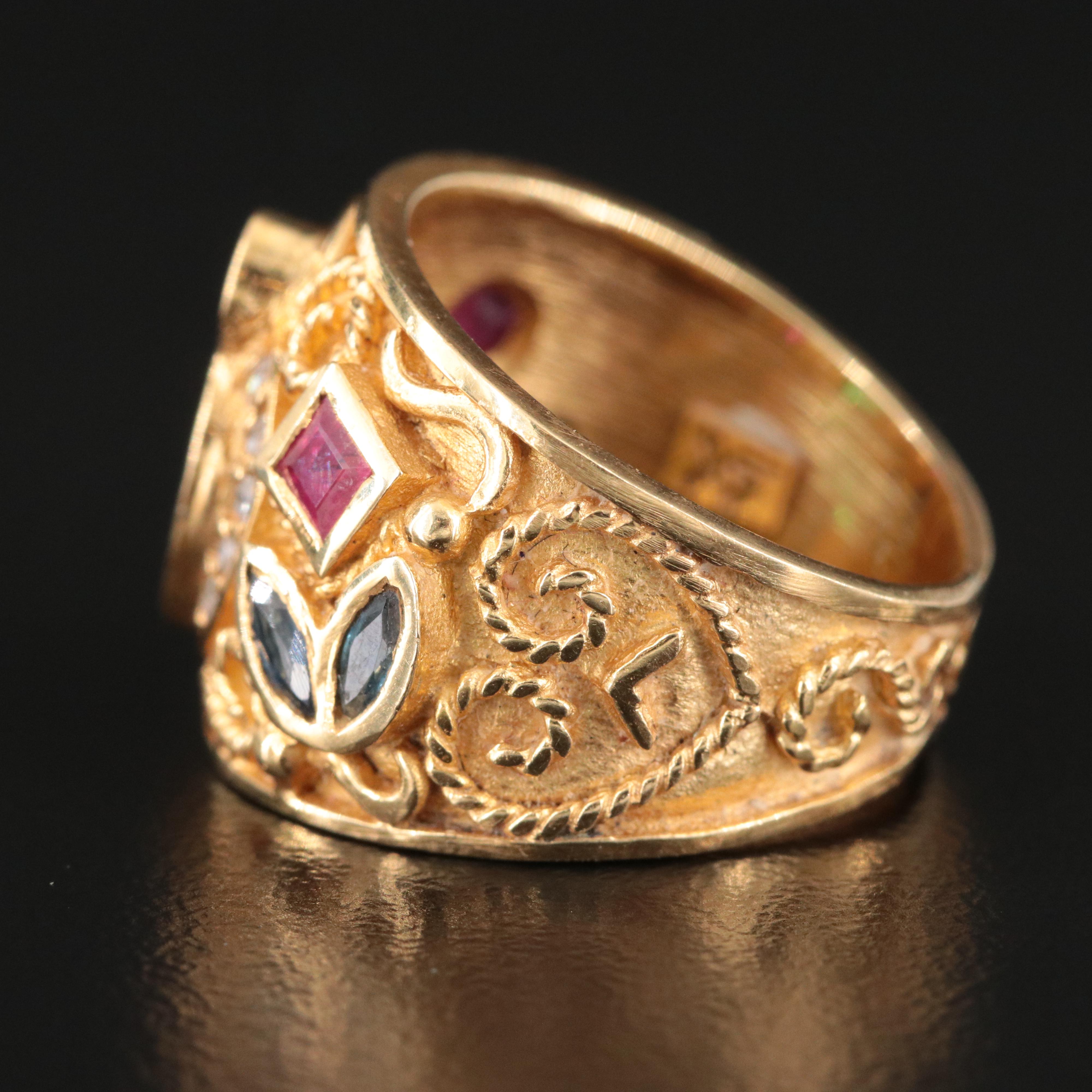 18K Emerald, Ruby, Sapphire and Diamond Cannetille Ring