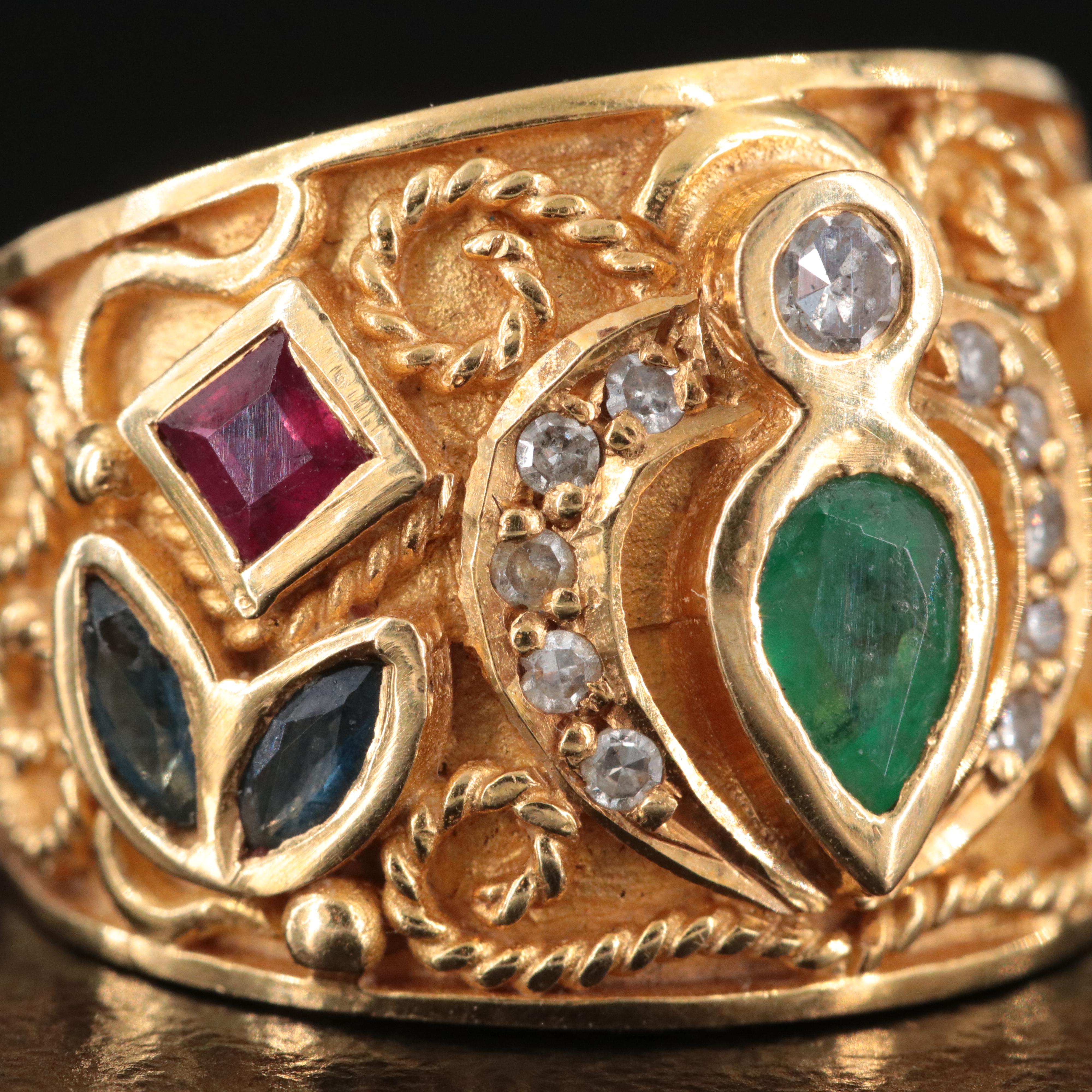 18K Emerald, Ruby, Sapphire and Diamond Cannetille Ring