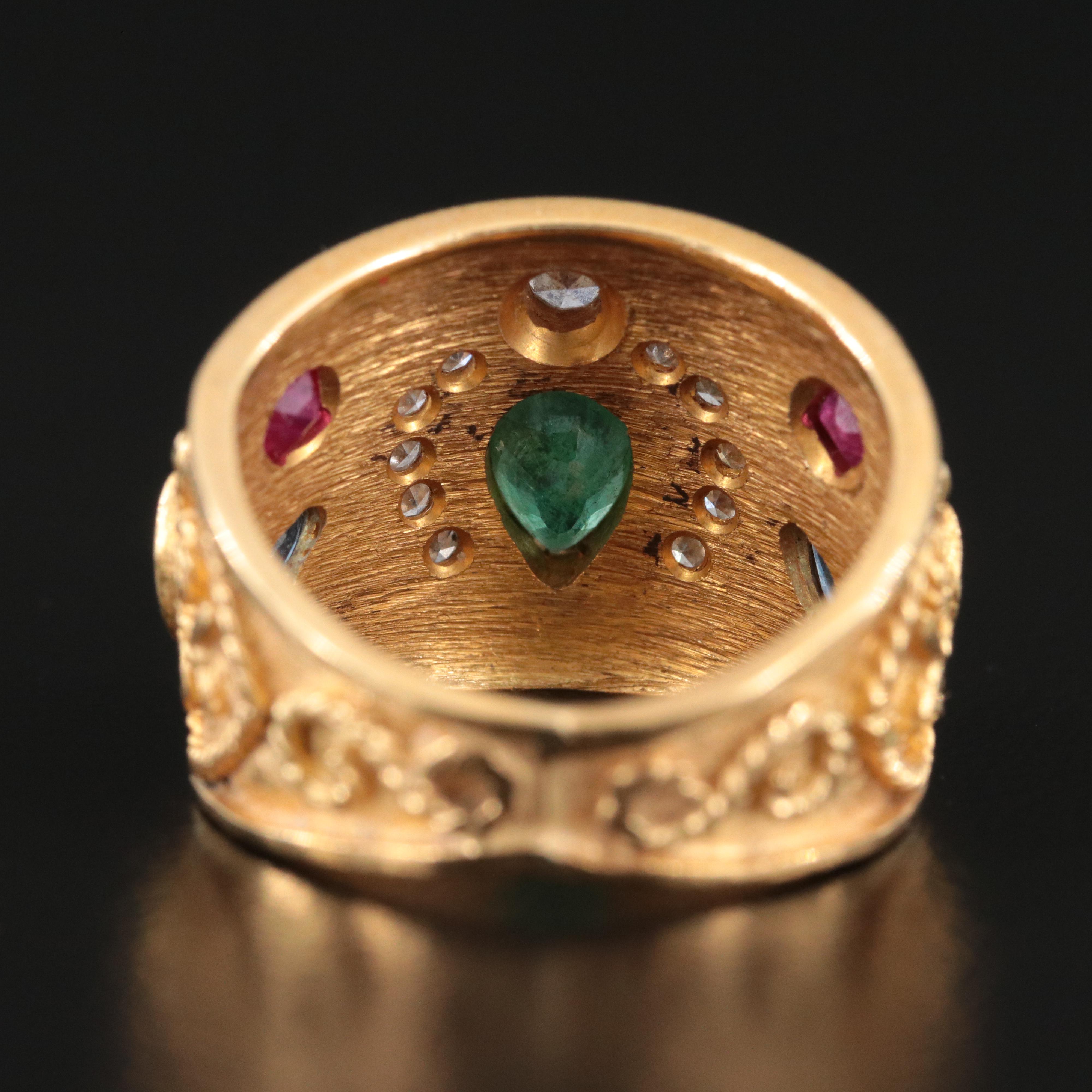 18K Emerald, Ruby, Sapphire and Diamond Cannetille Ring