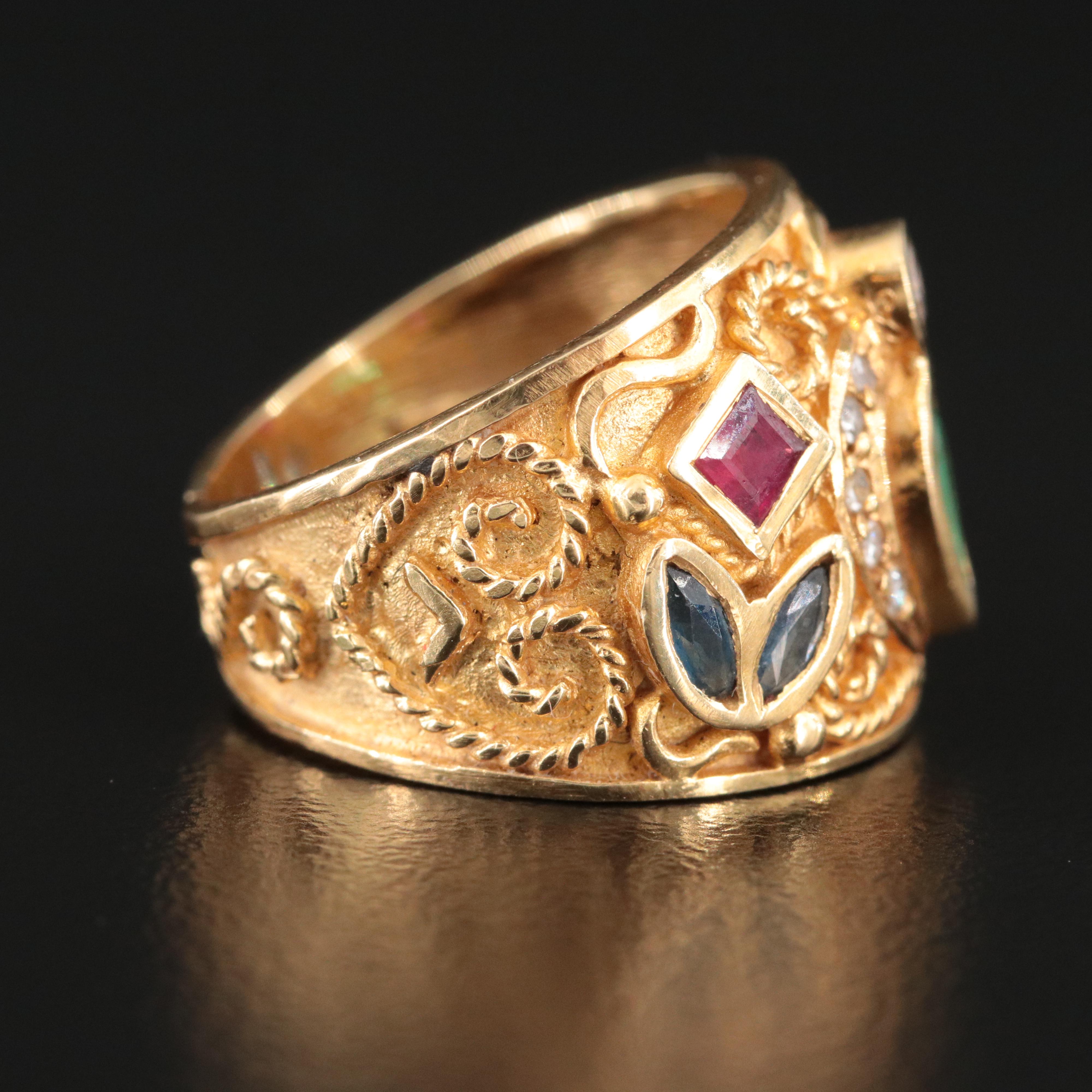 18K Emerald, Ruby, Sapphire and Diamond Cannetille Ring