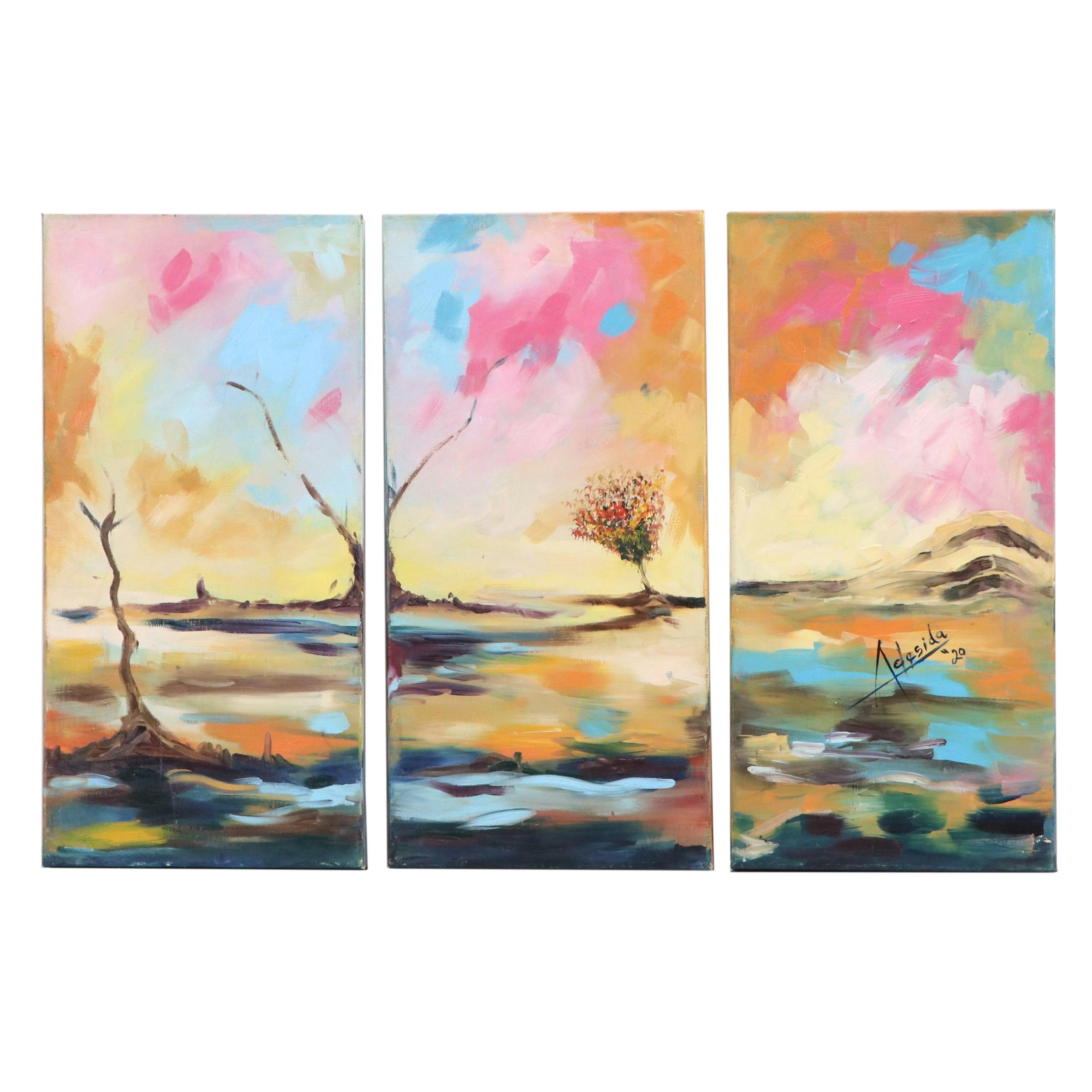 Adedotun Adesida Landscape Oil Painting Triptych with Trees, 2020