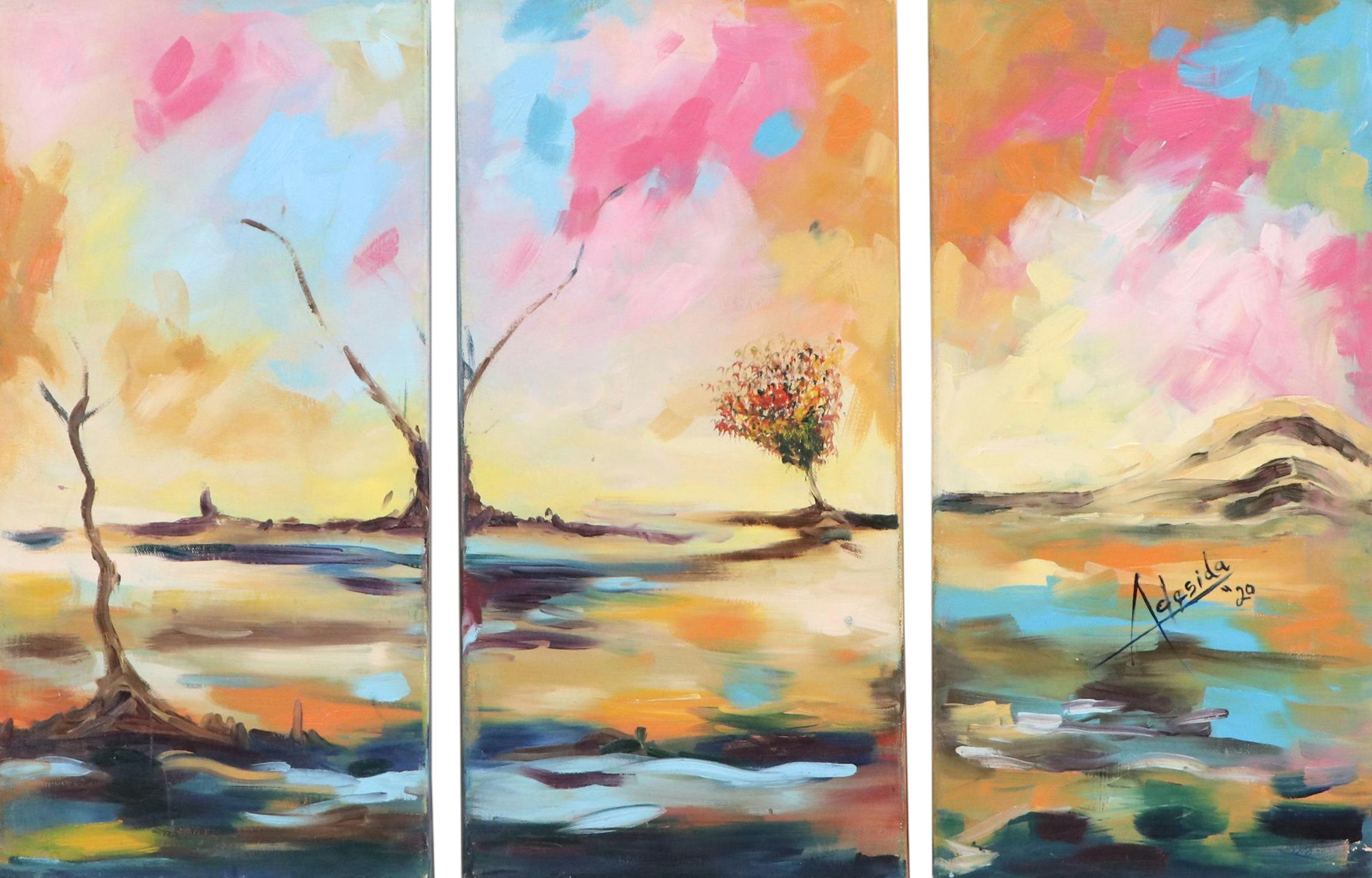 Adedotun Adesida Landscape Oil Painting Triptych with Trees, 2020