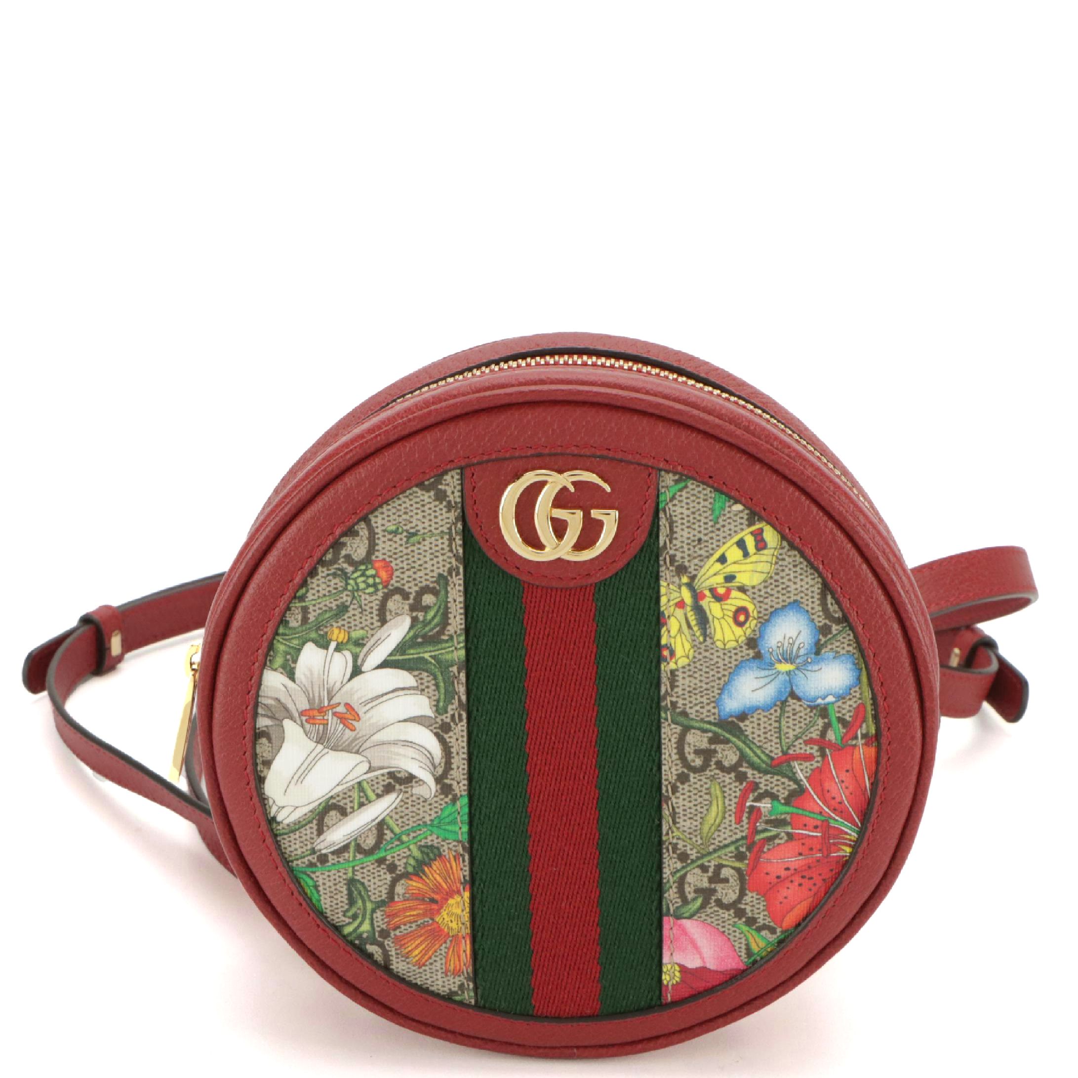 Gucci Ophidia Mini Backpack in GG Supreme Flora Coated Canvas and Red Leather