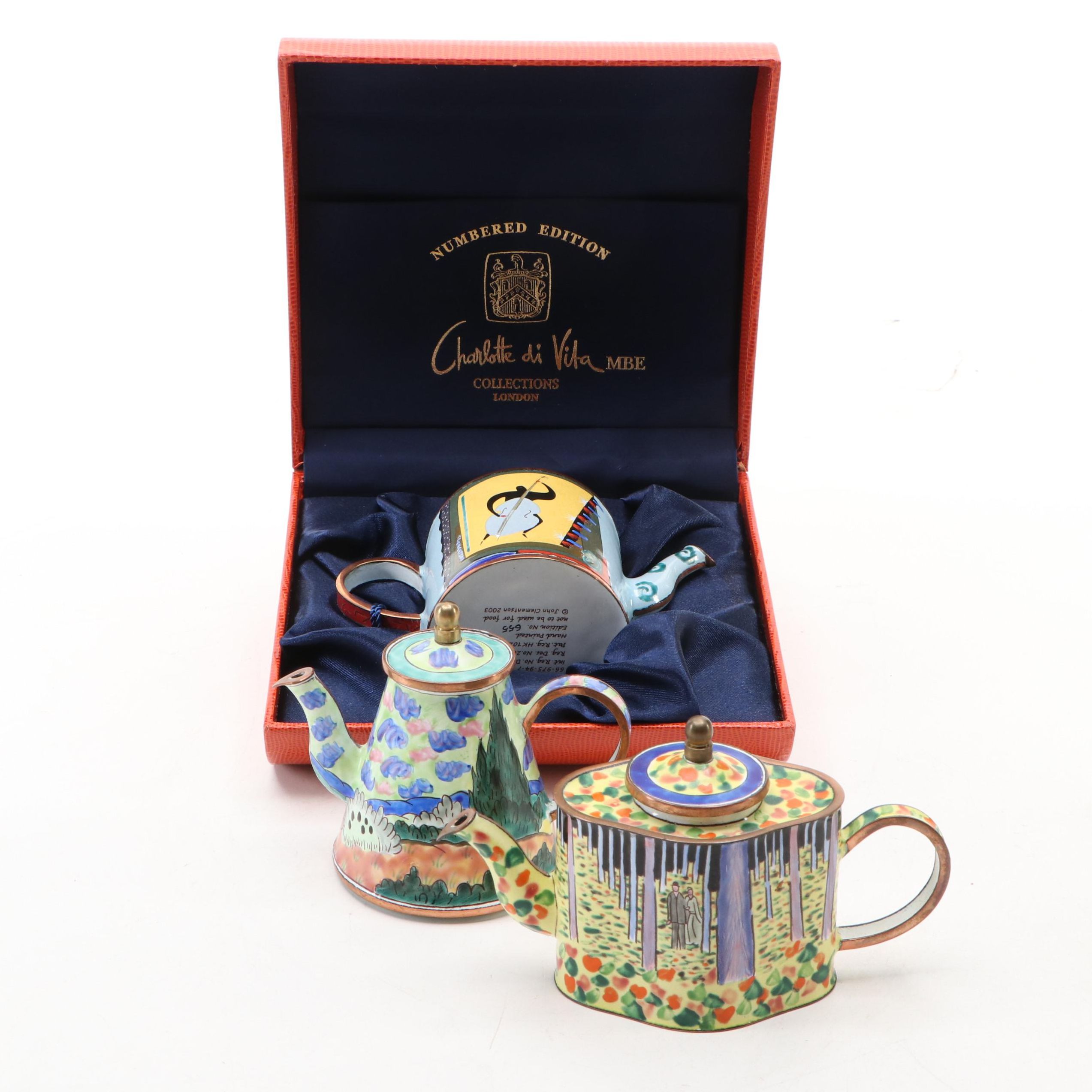 Charlotte di Vita Hand-Painted Copper and Enamel Miniature Teapots