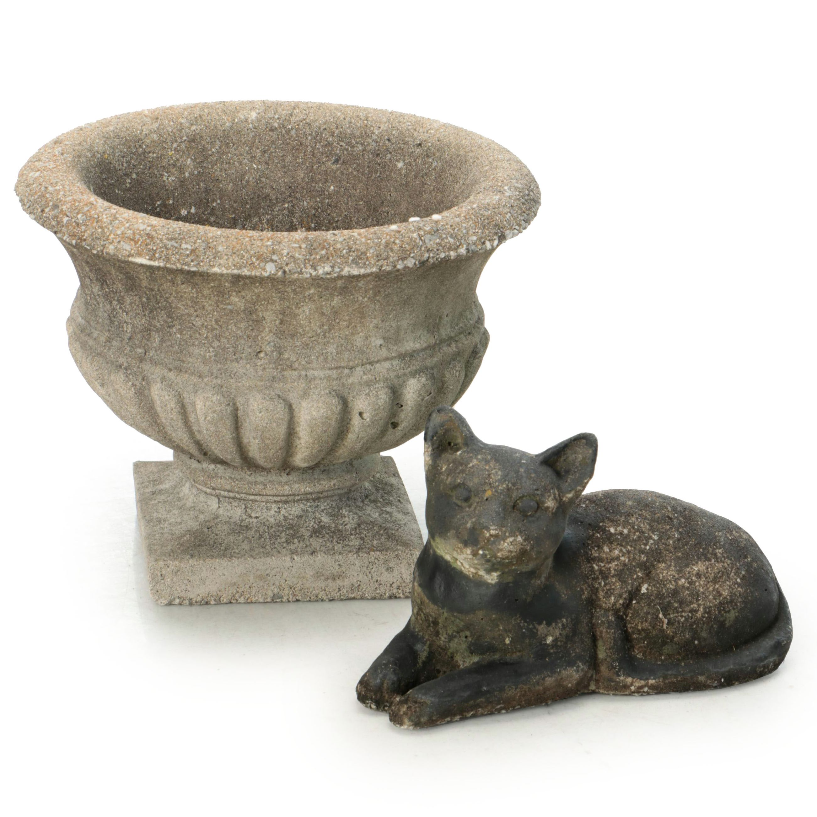 Cast Concrete Urn Planter and Painted Cat