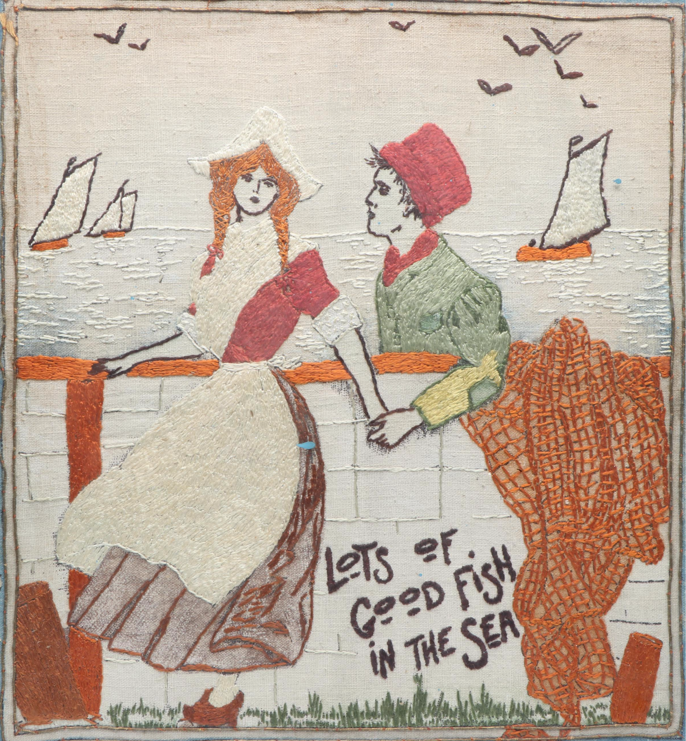 Handmade "Lots of Good Fish in the Sea" Satin Stitch Embroidery in Wood Frame