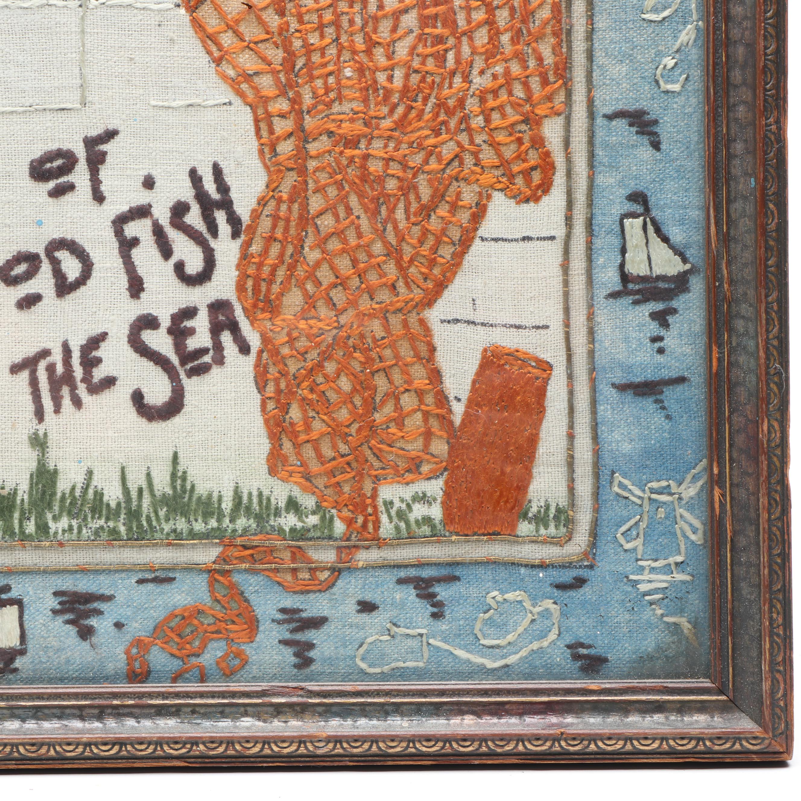 Handmade "Lots of Good Fish in the Sea" Satin Stitch Embroidery in Wood Frame
