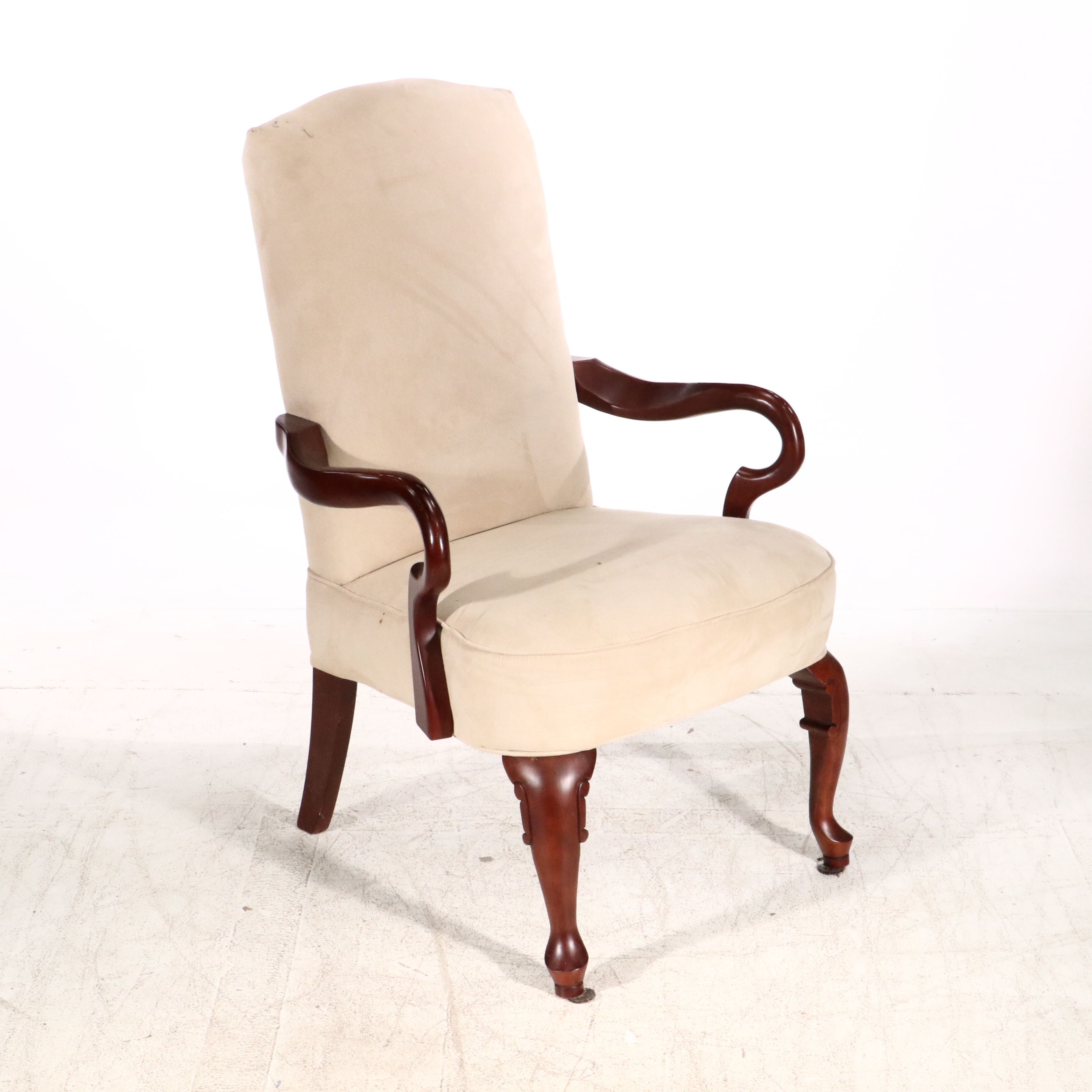 Queen Anne Style Upholstered Mahogany Armchair