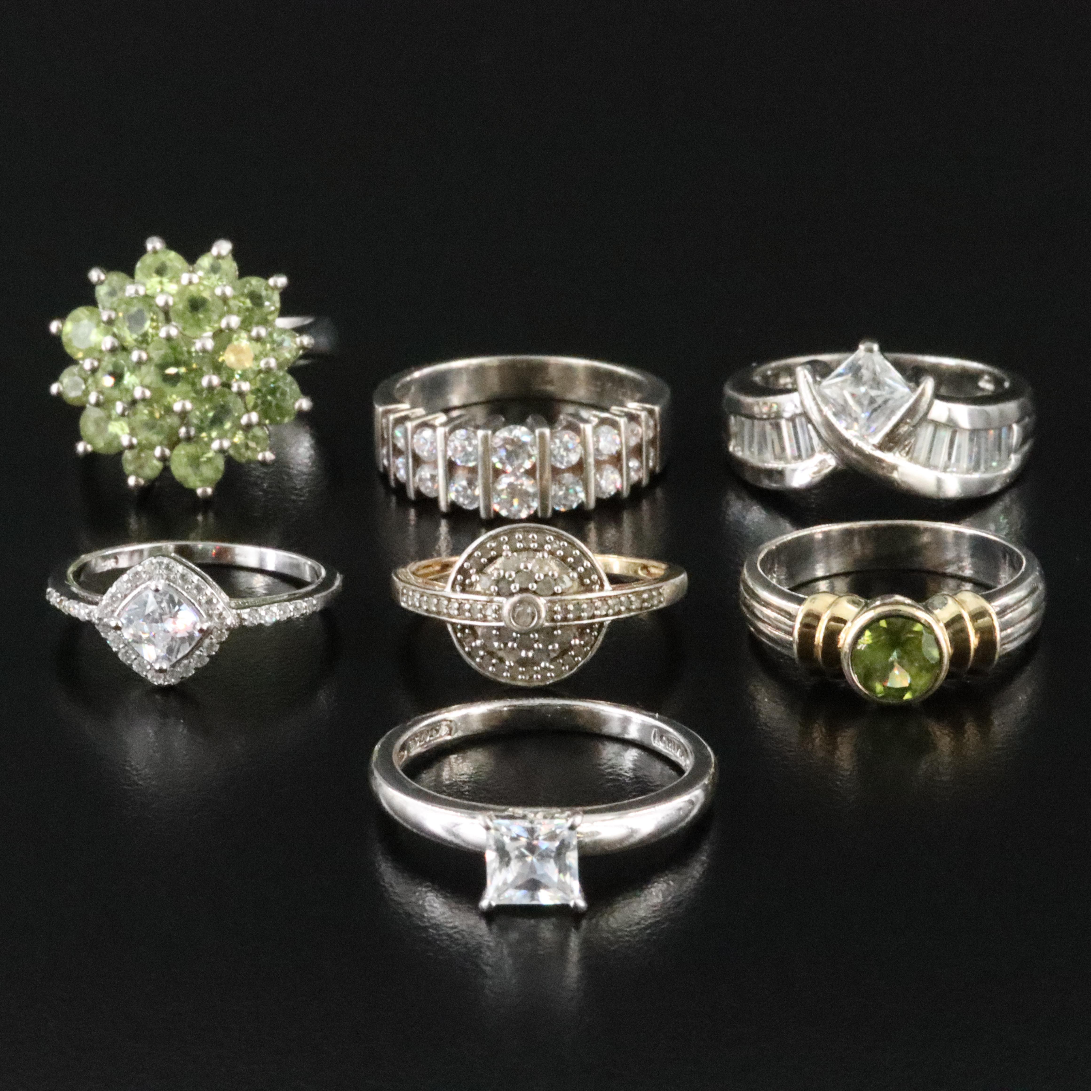 Collection of Sterling Rings with Peridot, Diamond and CZ